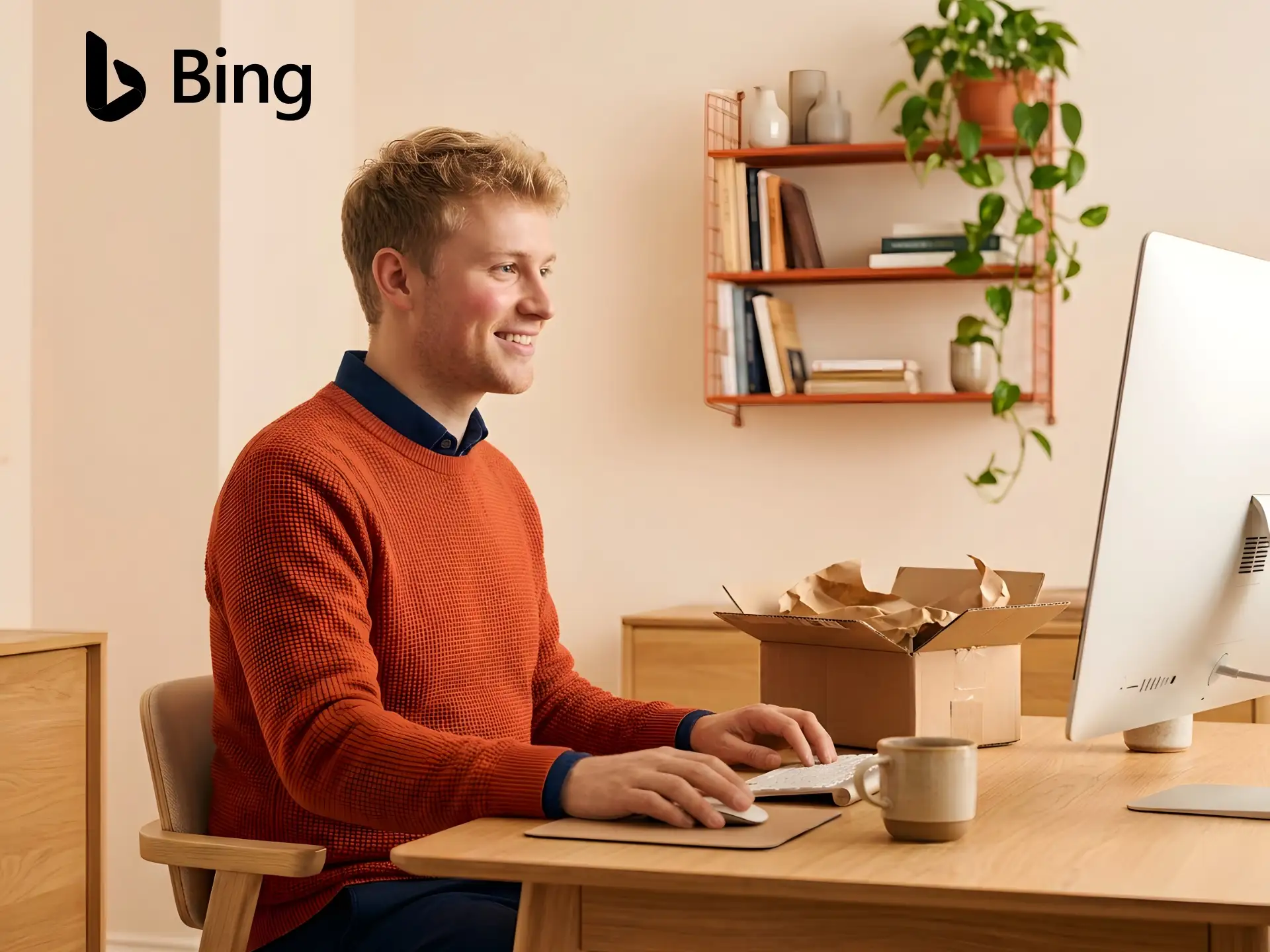 Asztali számítógépen online vásárló férfi, Bing-logó
