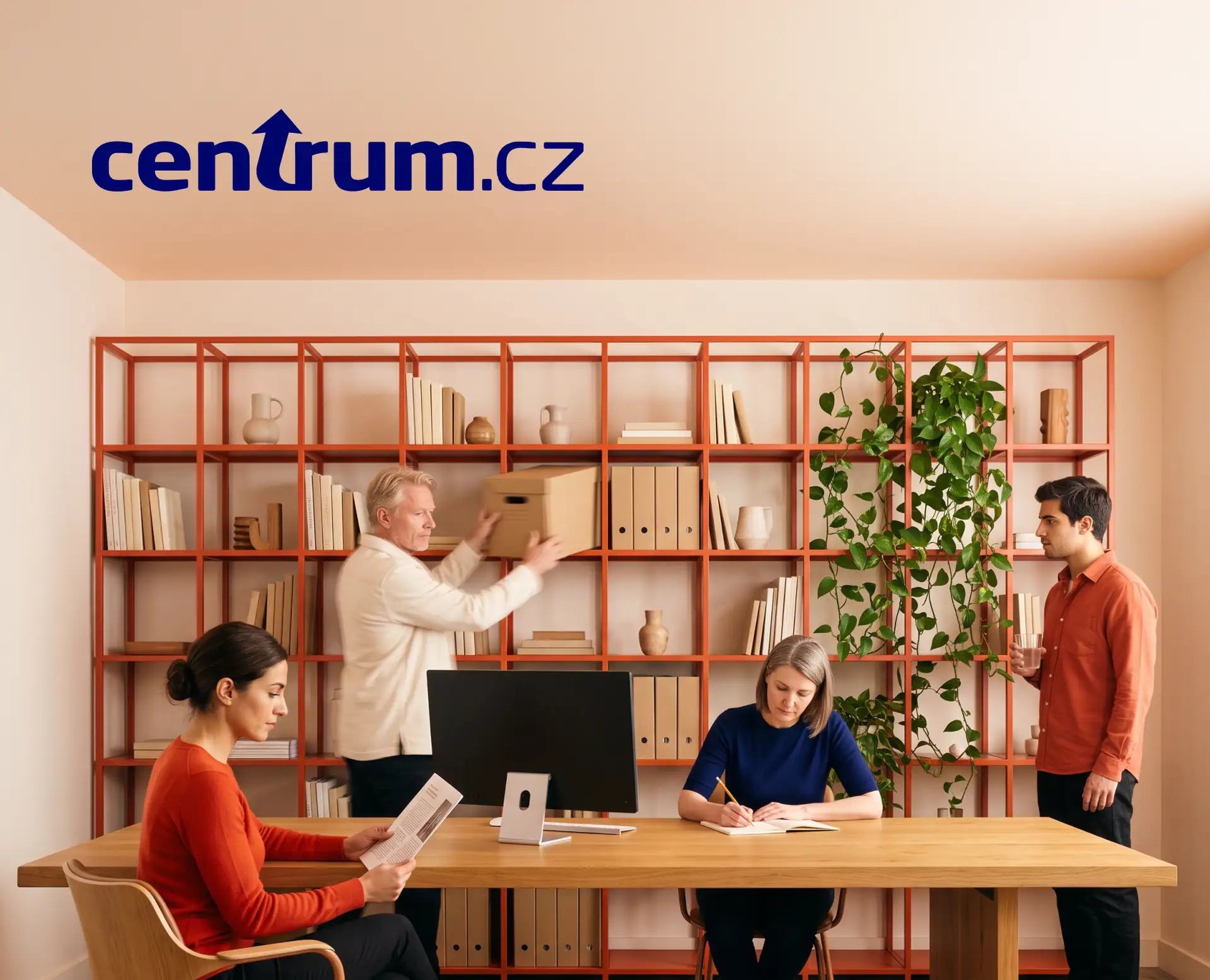 Three people in an office: one reading, one writing, and one arranging a box on a shelf. A man stands nearby with a drink. "centrum.cz" logo above.