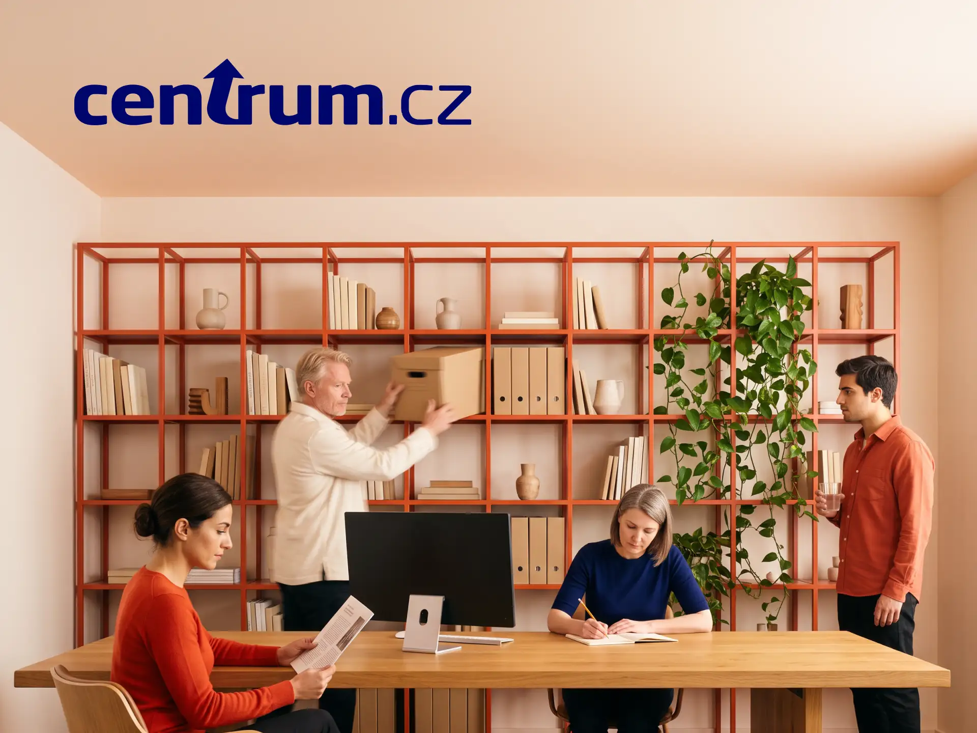 Three people in an office: one reading, one writing, and one arranging a box on a shelf. A man stands nearby with a drink. "centrum.cz" logo above.