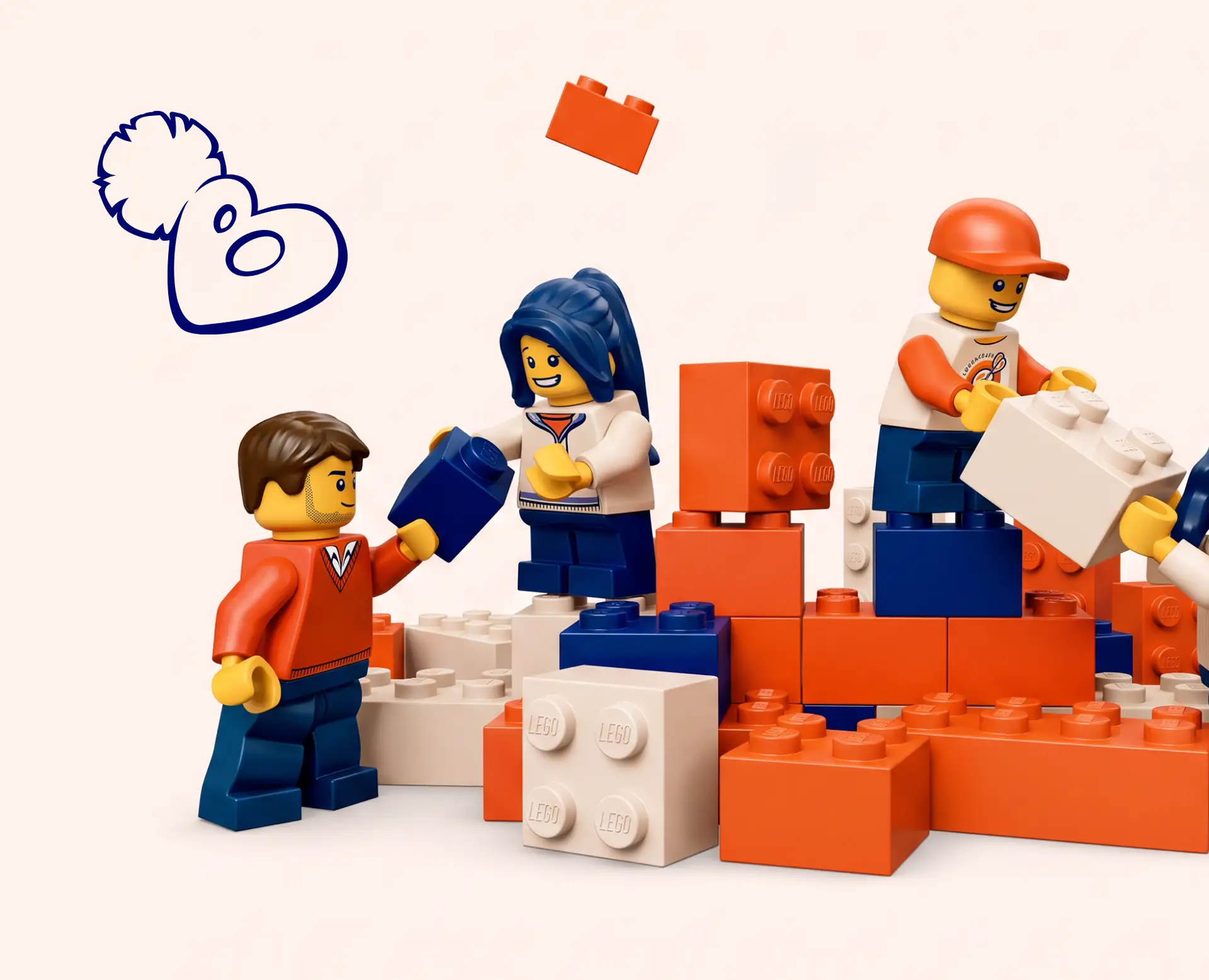 LEGO figurines constructing a colorful block wall. A blue graffiti-like heart with a face is drawn on the left.