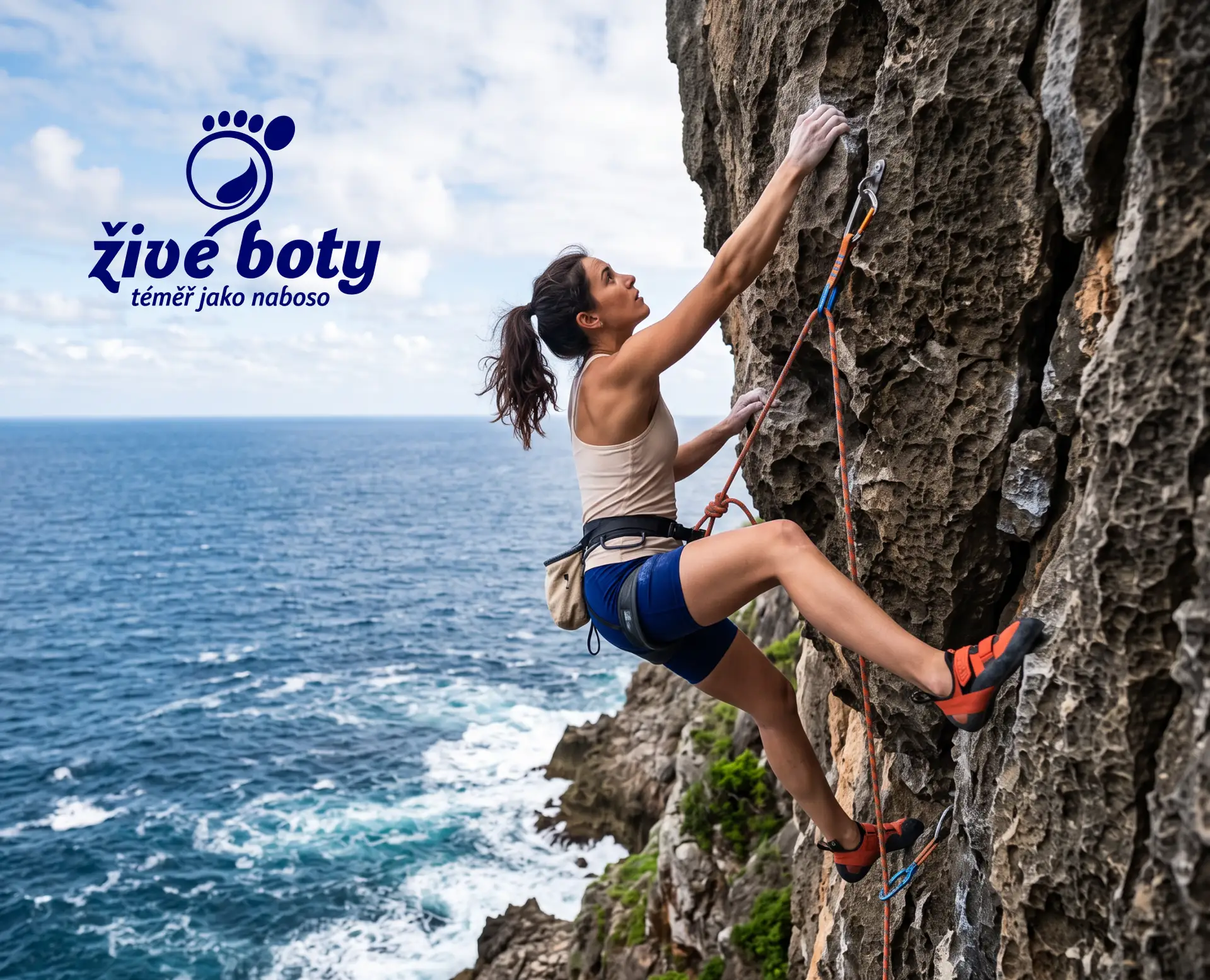 A woman rock climbing a steep cliff near the sea, wearing climbing gear and shorts, with the ocean and cloudy sky in the background.