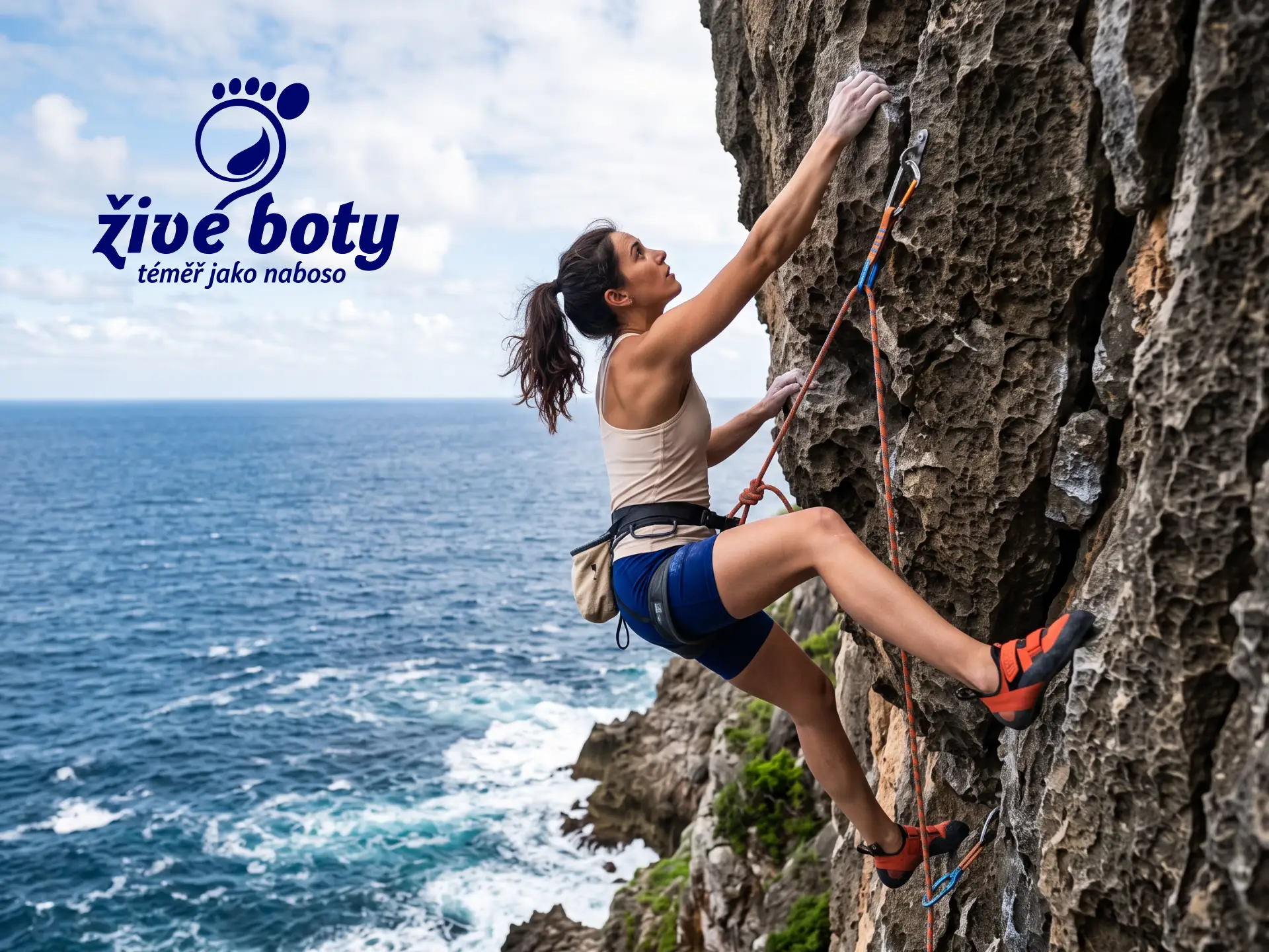A woman rock climbing a steep cliff near the sea, wearing climbing gear and shorts, with the ocean and cloudy sky in the background.