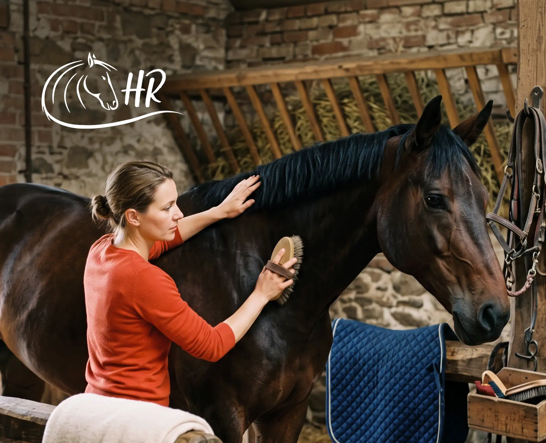 A person in a red sweater brushes a brown horse inside a stable, with a blue saddle pad and grooming tools nearby.