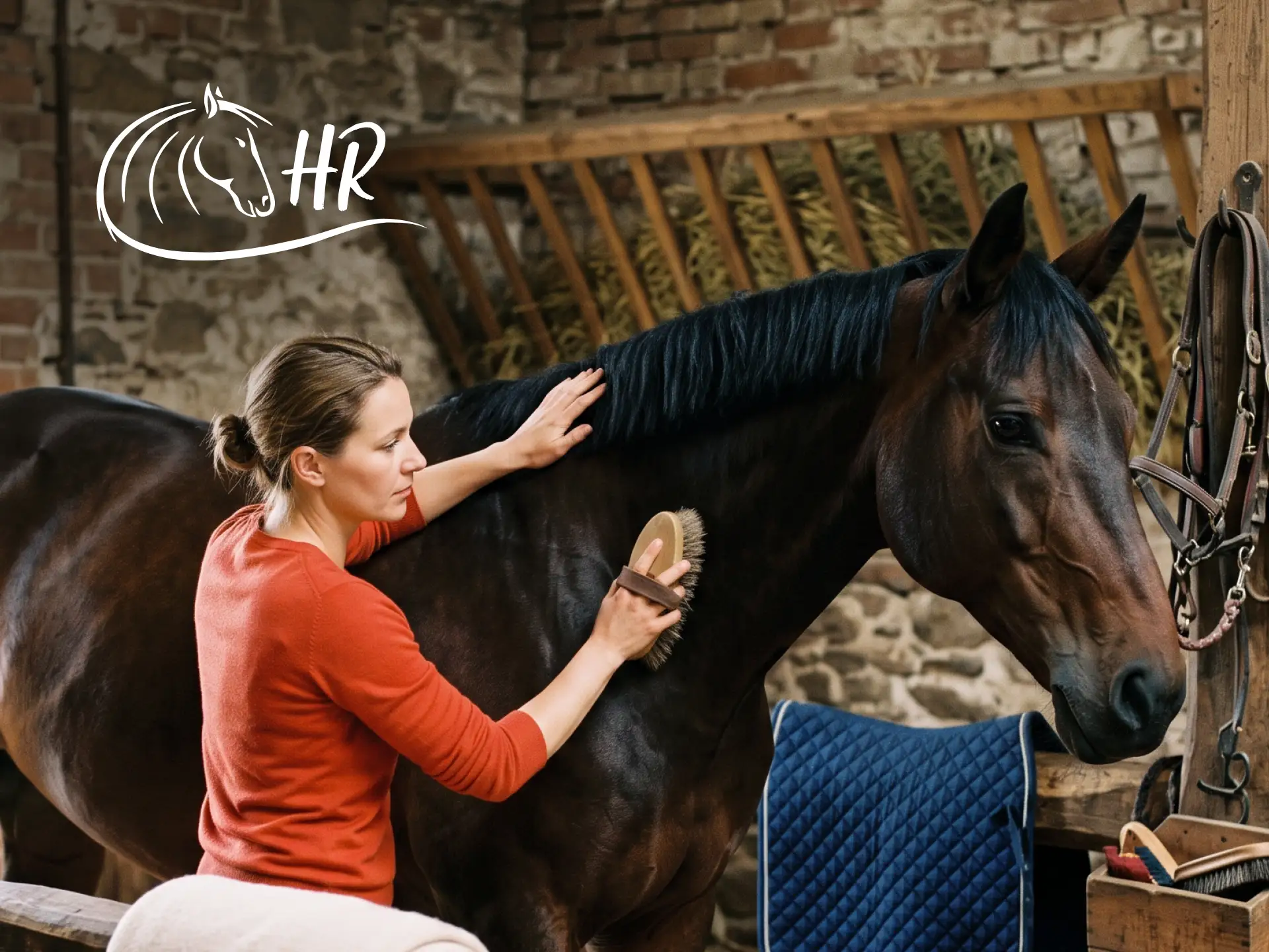 A person in a red sweater brushes a brown horse inside a stable, with a blue saddle pad and grooming tools nearby.