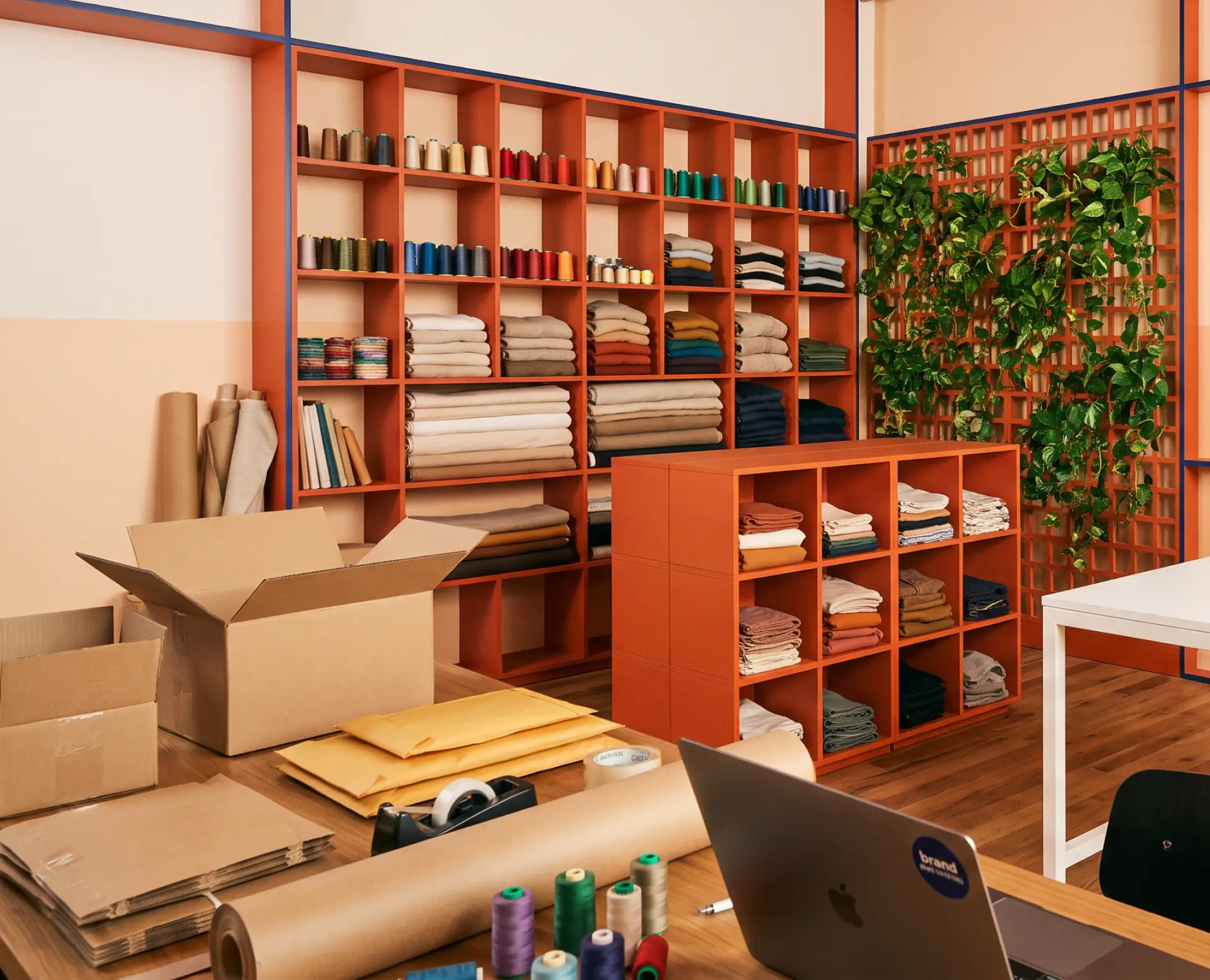 A well-organized workspace with orange shelves displaying folded fabrics and spools of thread, surrounded by plants and packing materials.