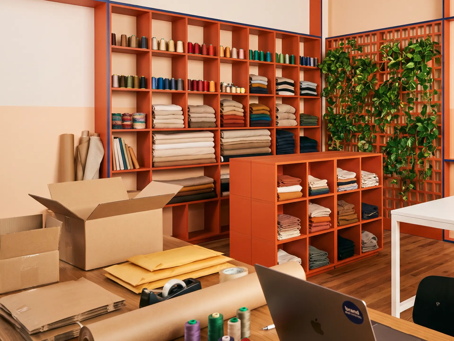 A well-organized workspace with orange shelves displaying folded fabrics and spools of thread, surrounded by plants and packing materials.