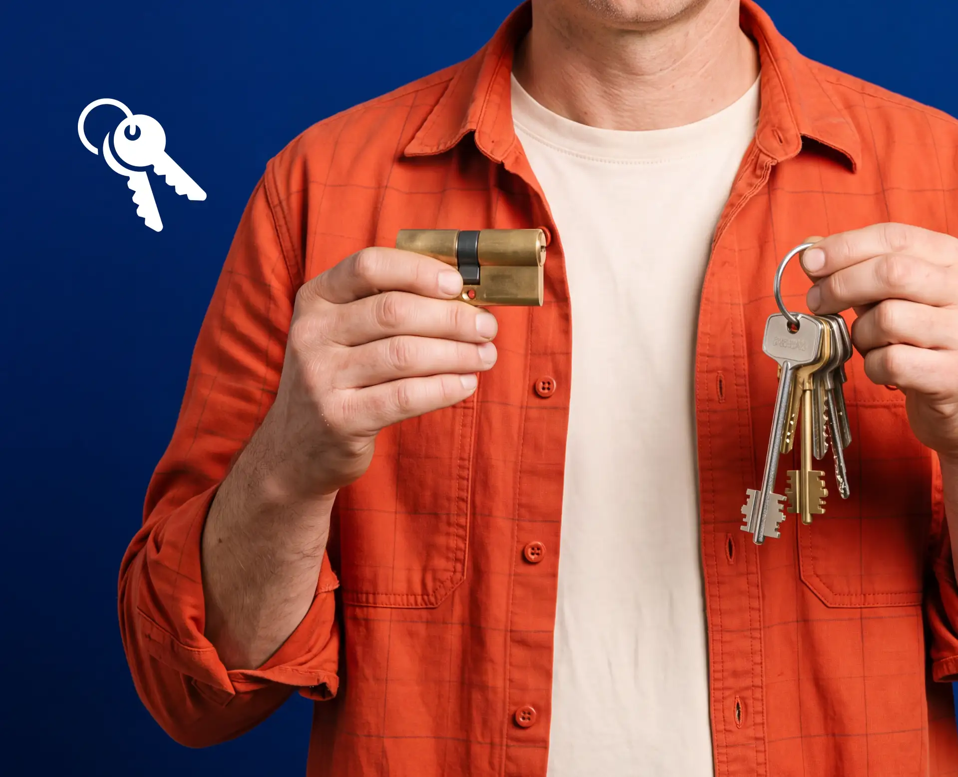 A person in an orange shirt holds a lock cylinder in one hand and a set of keys in the other against a blue background with a key icon.