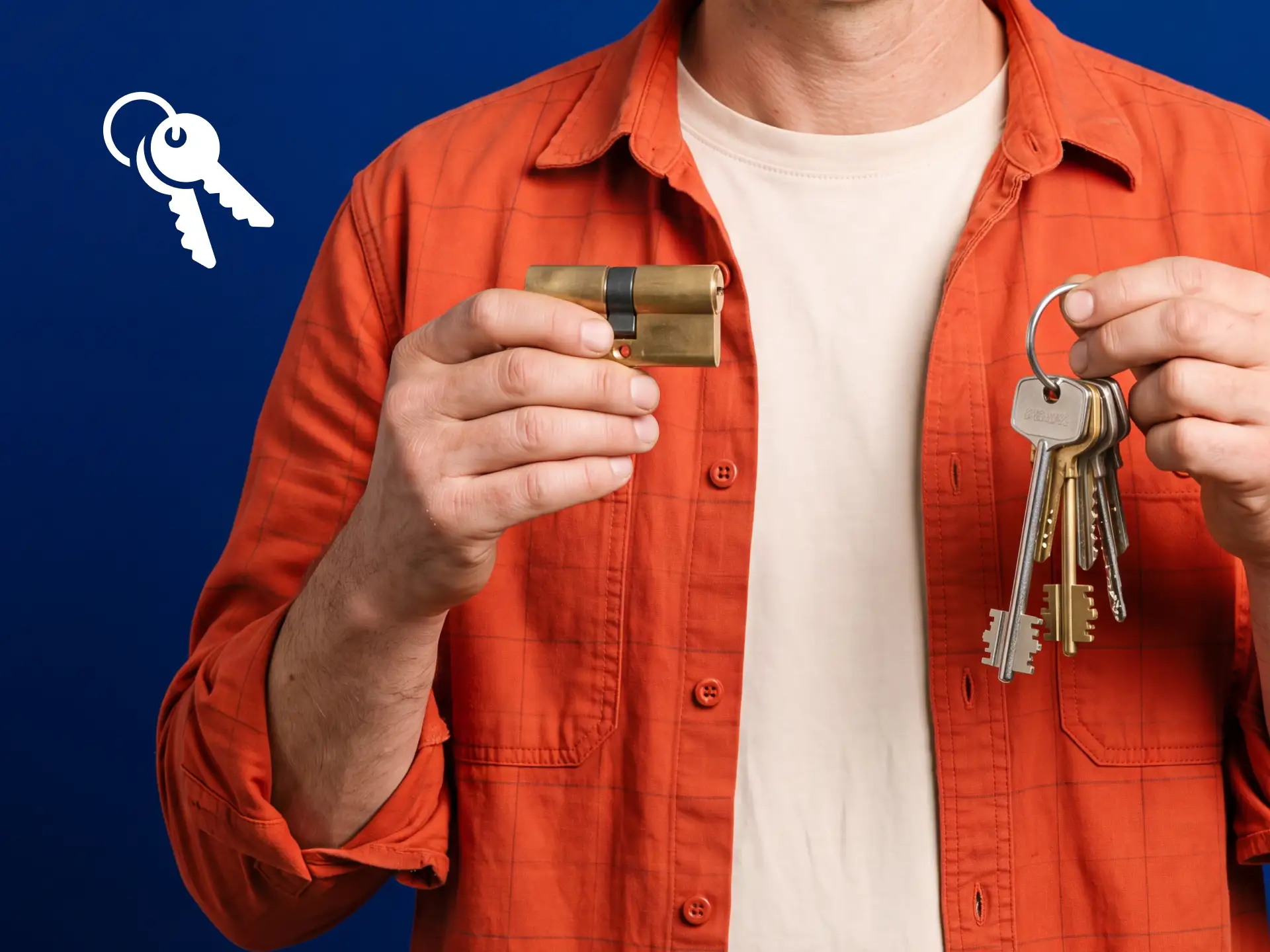 A person in an orange shirt holds a lock cylinder in one hand and a set of keys in the other against a blue background with a key icon.