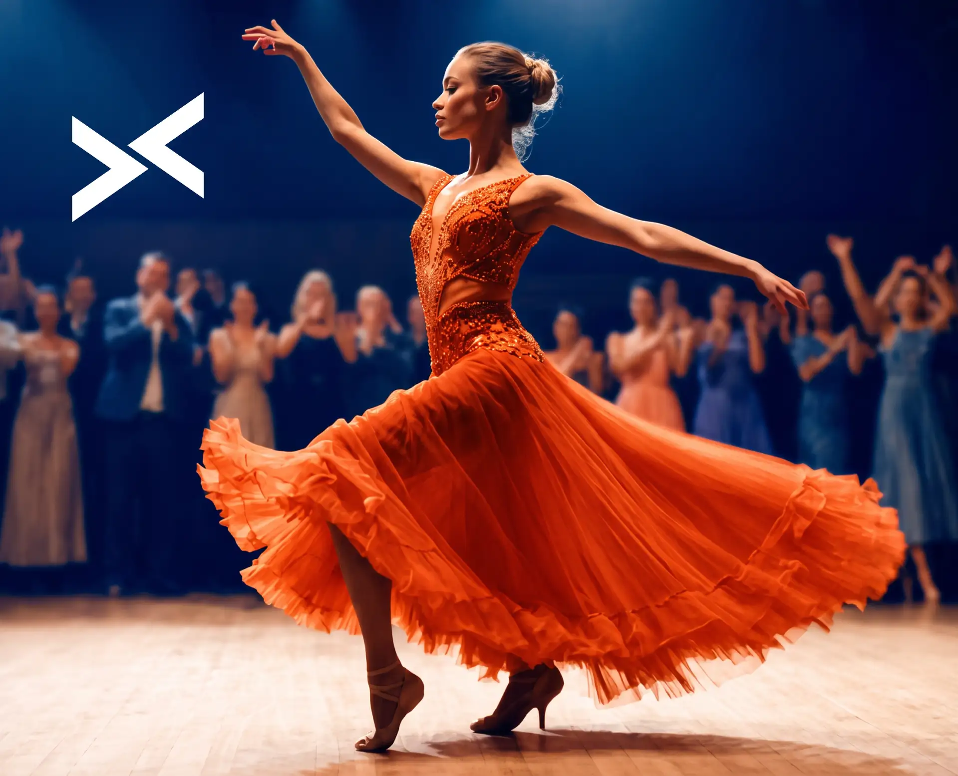A graceful dancer in a flowing orange dress performs on stage, surrounded by an applauding audience.