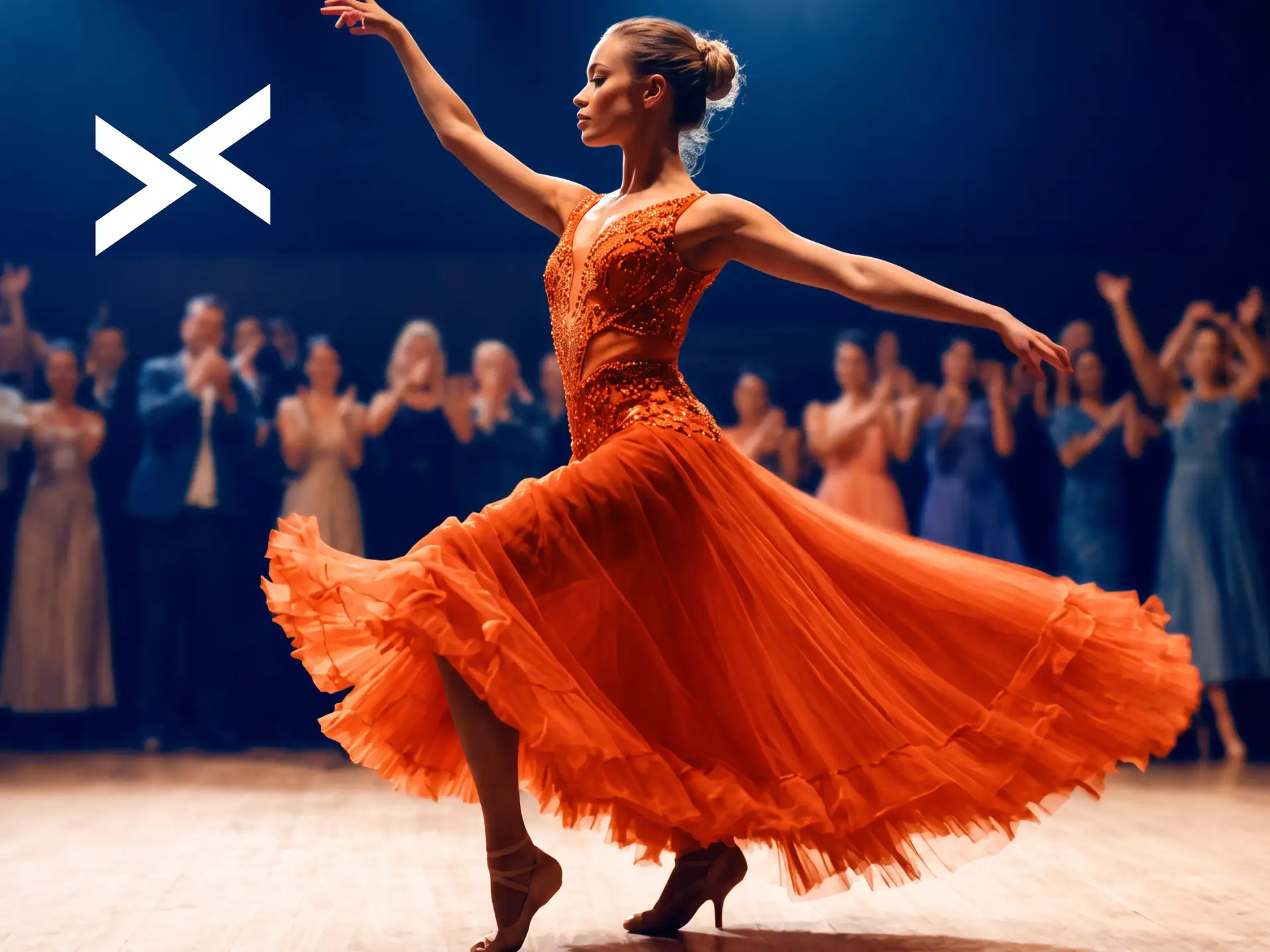 A graceful dancer in a flowing orange dress performs on stage, surrounded by an applauding audience.