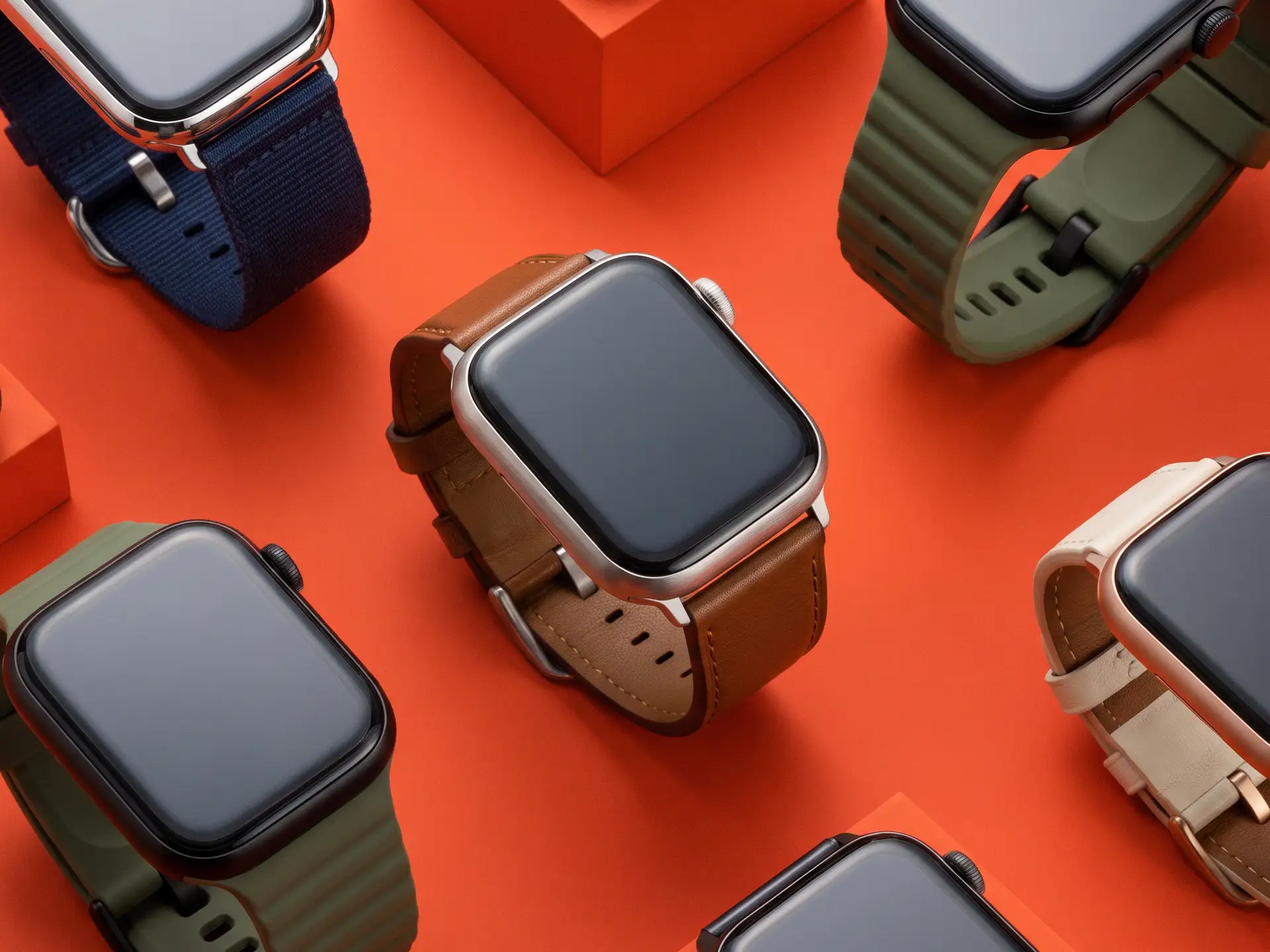 Various smartwatches with different colored bands are arranged on an orange background.