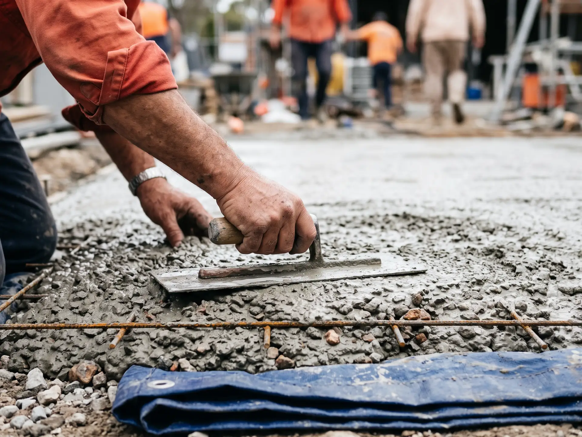 A construction worker smooths wet concrete with a trowel on a building site, with others working in the blurred background.