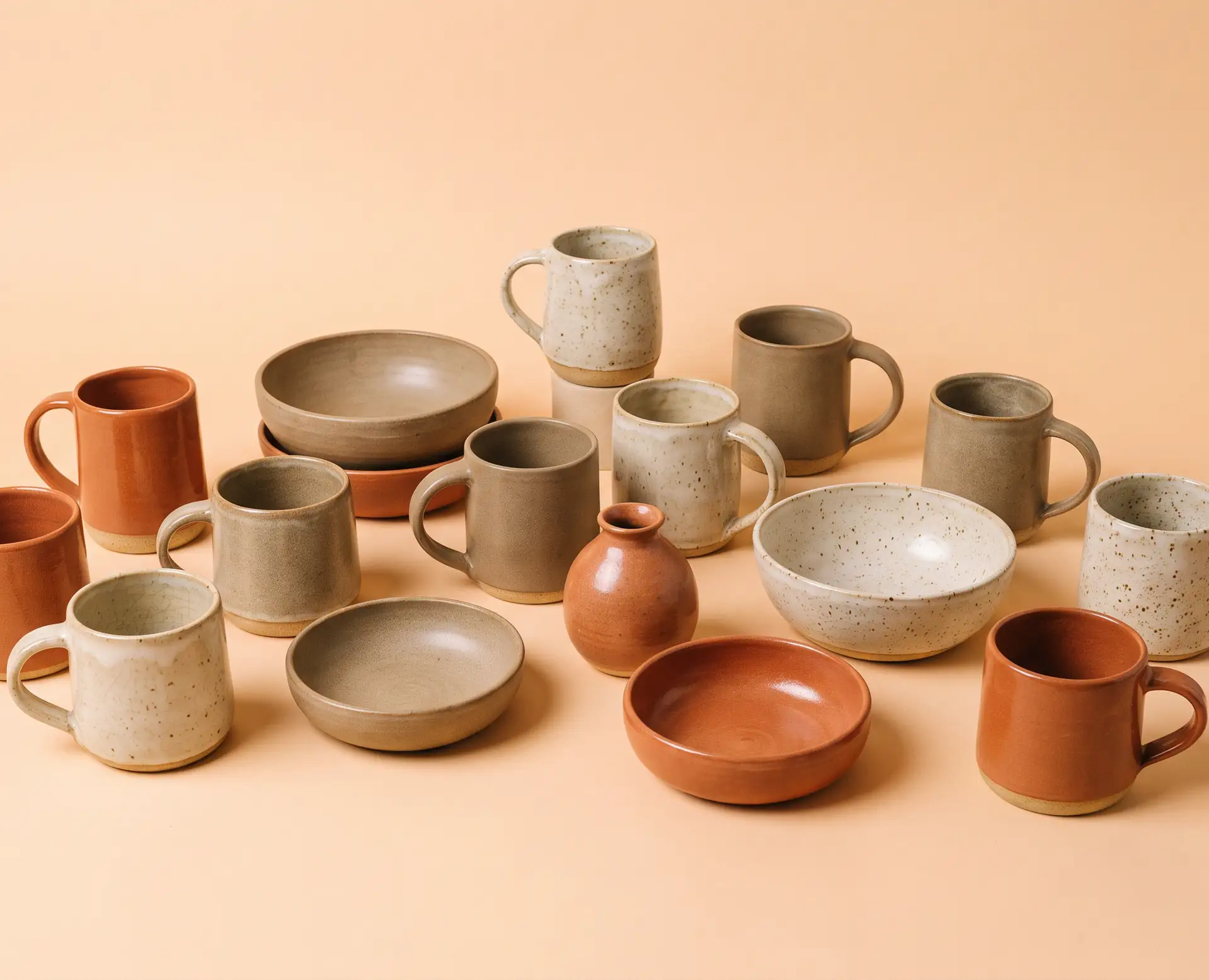 A collection of ceramic mugs, plates, and a small vase in earthy tones, displayed on a light orange background.