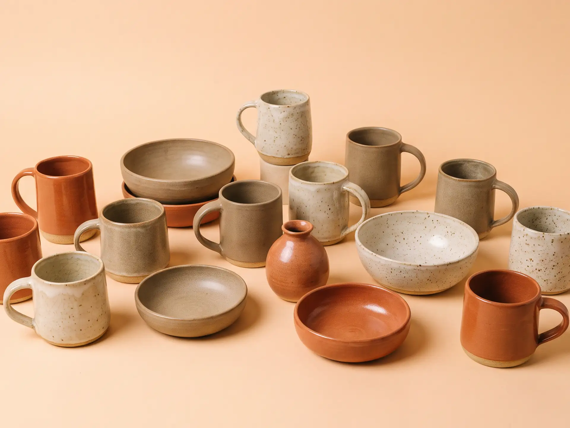A collection of ceramic mugs, plates, and a small vase in earthy tones, displayed on a light orange background.