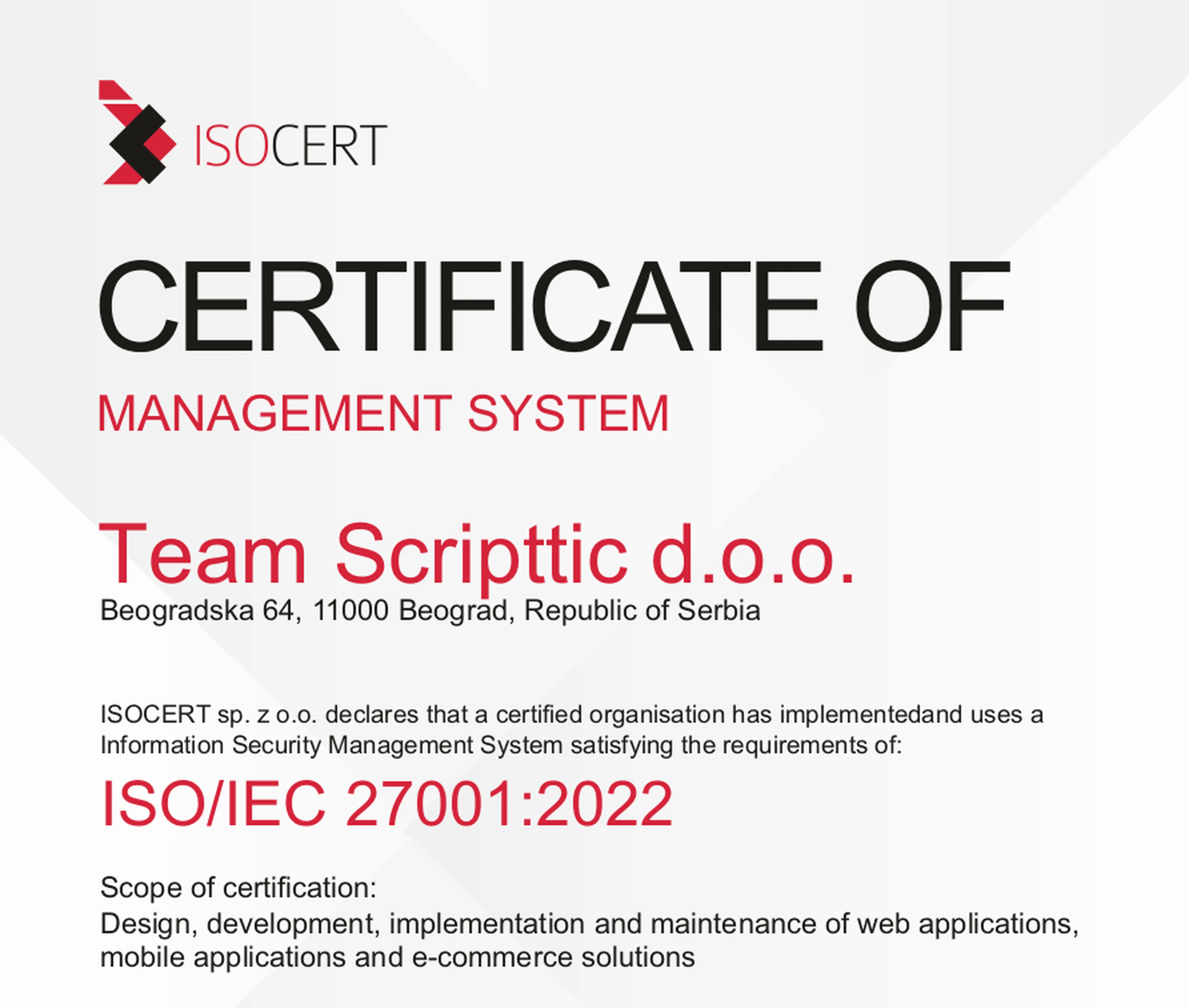 Scripttic ISO 27001 certification