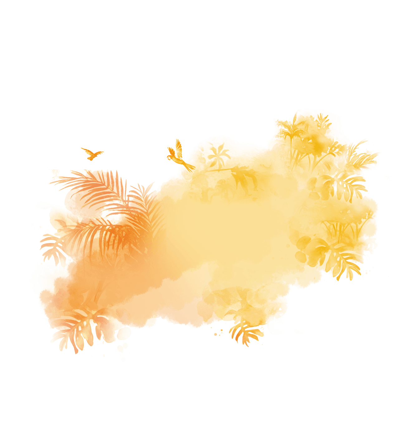Abstrakte gelbe und orange Aquarell-Grafik mit tropischen Pflanzen und Vögeln auf weißem Hintergrund, dynamisch und lebendig.