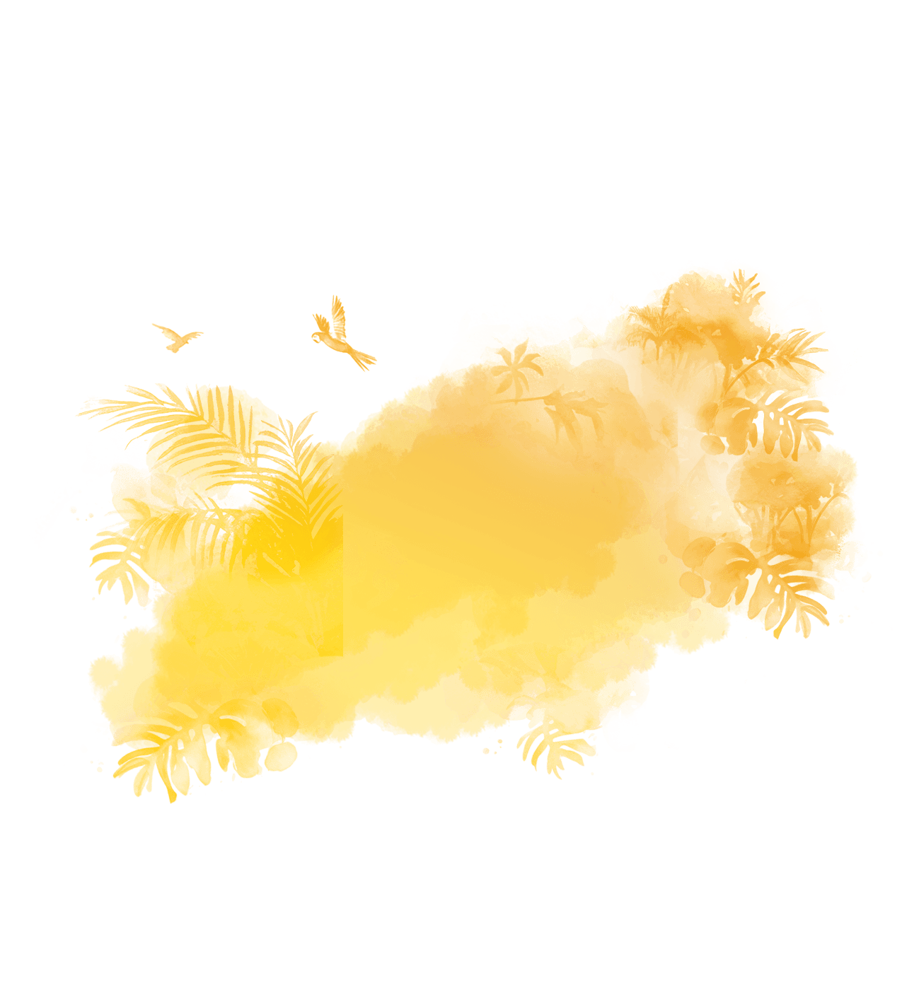 Abstrakte, gelb-orange Aquarell-Silhouette mit tropischen Blättern und fliegenden Vögeln auf schwarzem Hintergrund.