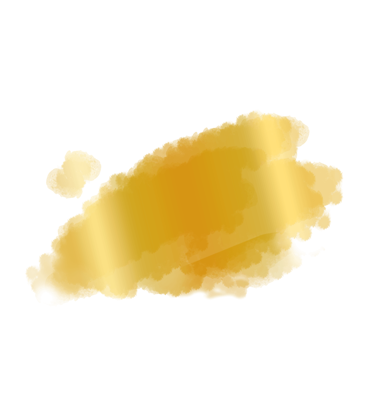 Goldener Aquarellfleck auf weißem Hintergrund, ungleichmäßig verteilt und mit weichen Kanten.