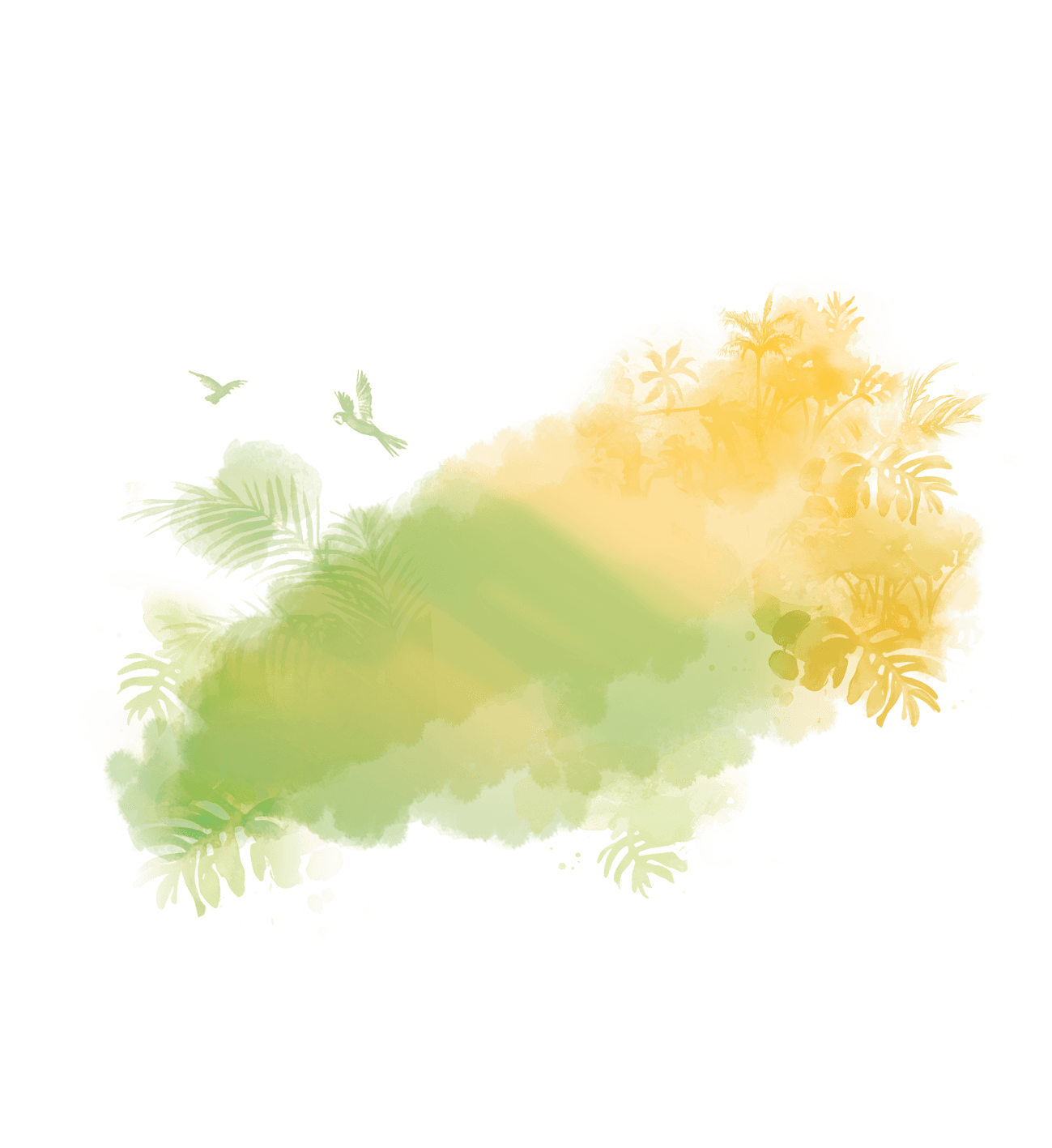 Aquarell mit grünen und gelben Farbverläufen, Pflanzenblättern, Umrissen von Palmen und Vögeln, die eine tropische Landschaft suggerieren.