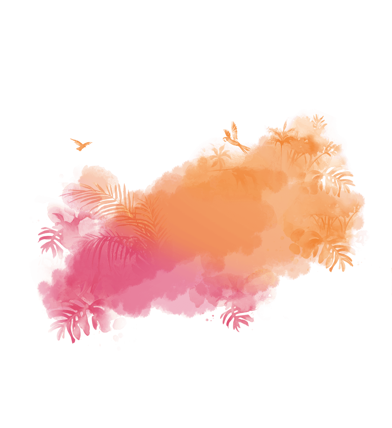 Wasserfarbenkunst mit orange- und rosafarbenem Hintergrund, pflanzenähnlichen Motiven und fliegenden Vögeln.