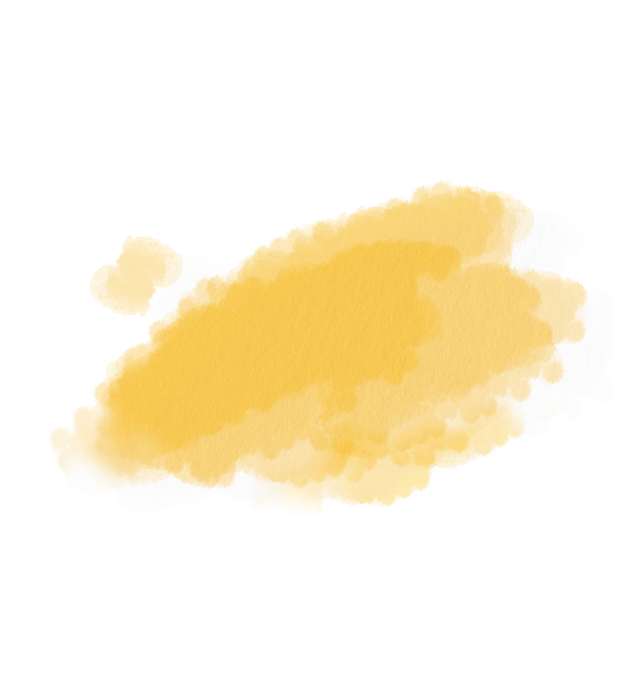 Gelber Aquarellfleck auf weißem Hintergrund, ungleichmäßig verteilt und mit weichen Kanten.