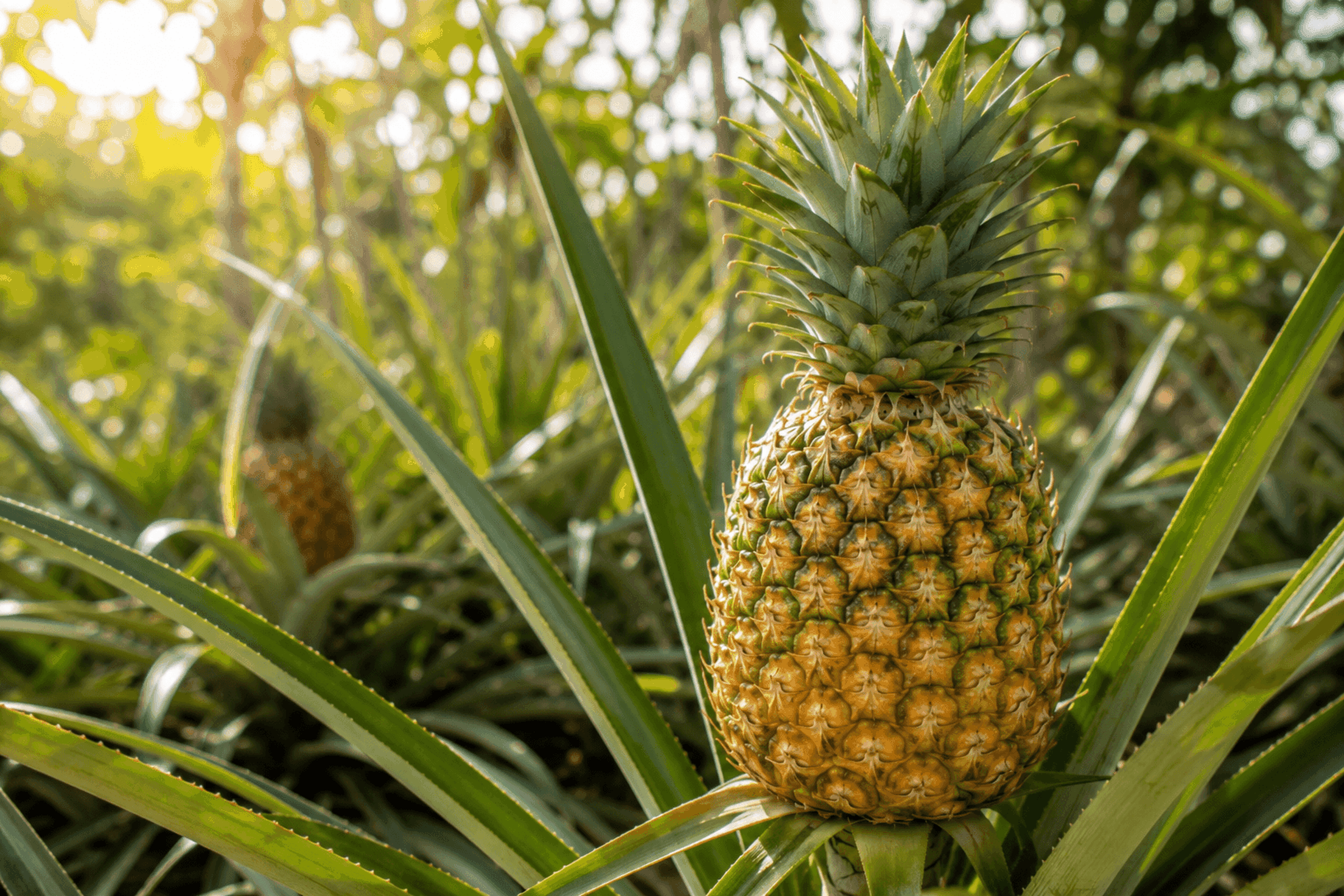 Eine reife Ananas wächst in einem grünen Feld mit Sonnenlicht im Hintergrund.