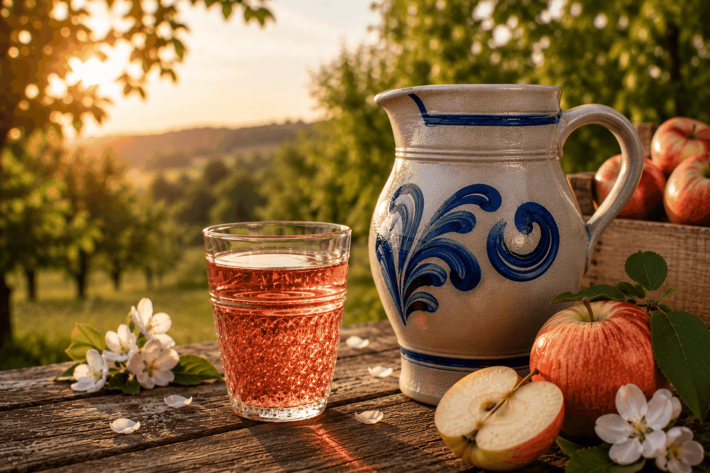 Krug und Glas mit Apfelwein, frische Äpfel und Blüten auf Holztisch bei Sonnenuntergang, mit Baumlandschaft im Hintergrund.
