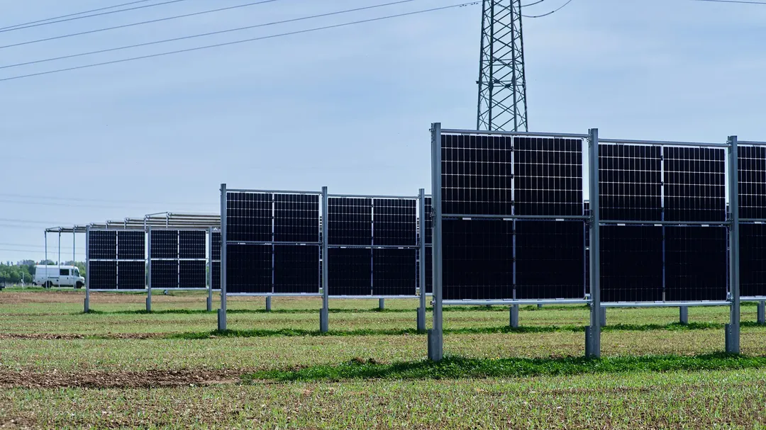 Rows of solar panels in a field with a power line tower in the background, under a clear sky.