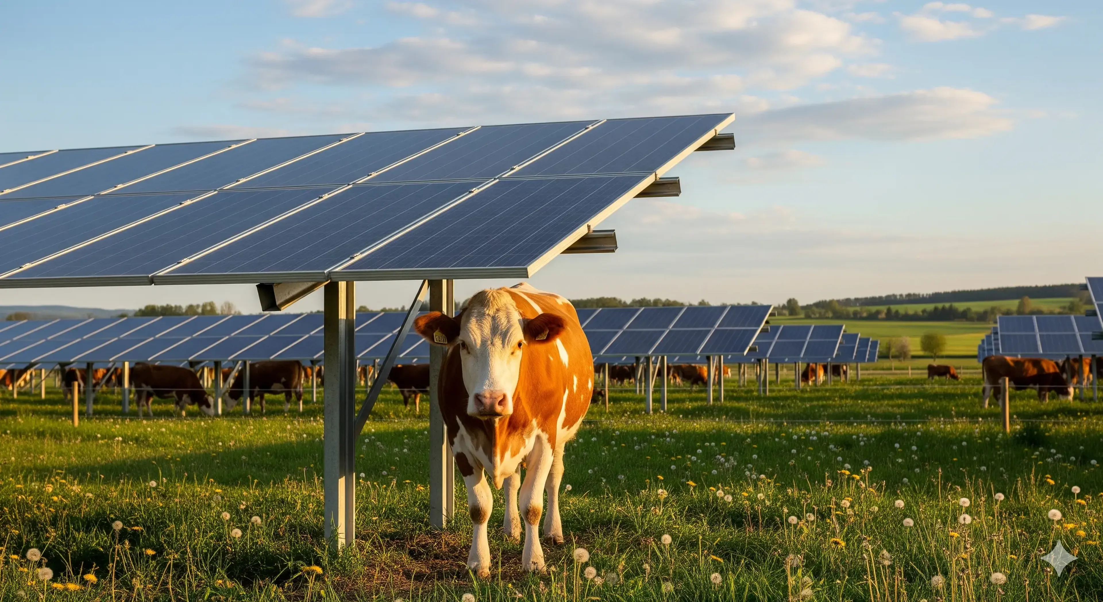 A cow stands under a solar panel in a field with more panels and greenery in the background, under a partly cloudy sky.