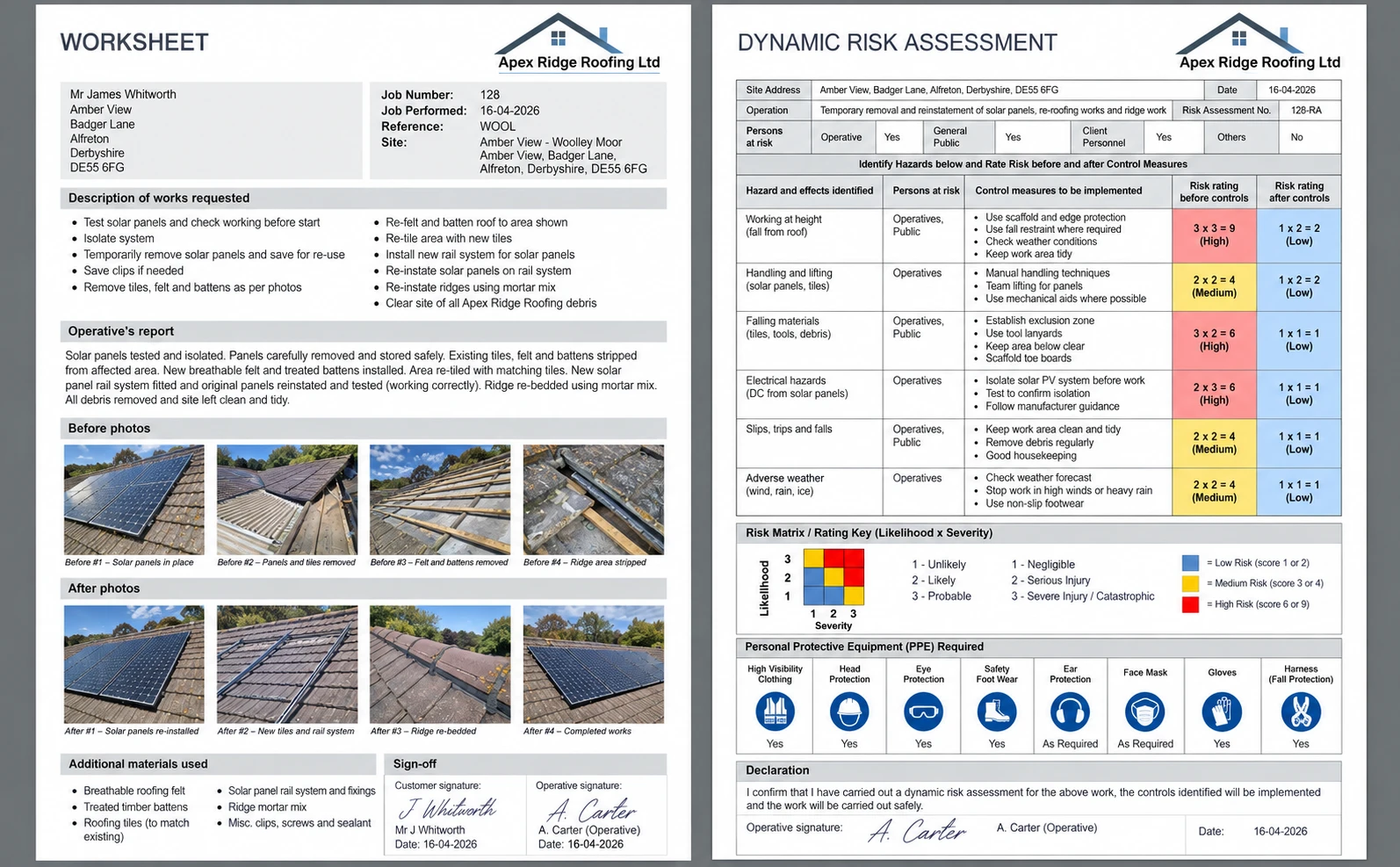 TeamPoint customer worksheet showing job details, before and after photos, materials, sign-off and a completed dynamic risk assessment.