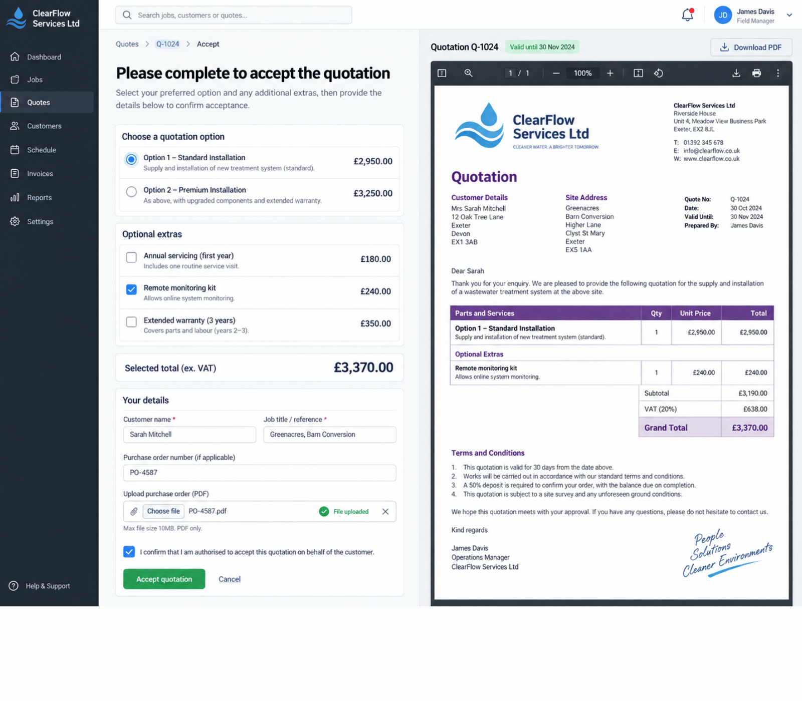 Example TeamPoint quotation showing customer quote options, optional extras, online acceptance fields and a detailed quotation preview with pricing and totals.