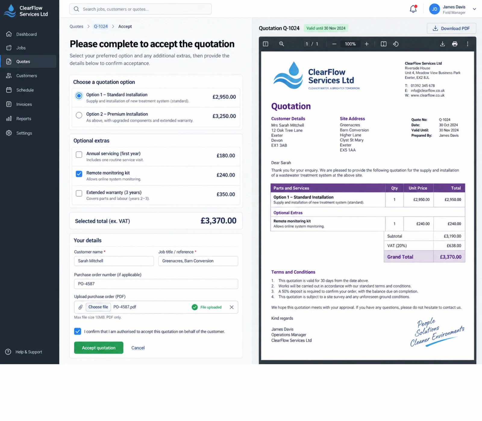 Example TeamPoint quotation showing customer quote options, optional extras, online acceptance fields and a detailed quotation preview with pricing and totals.