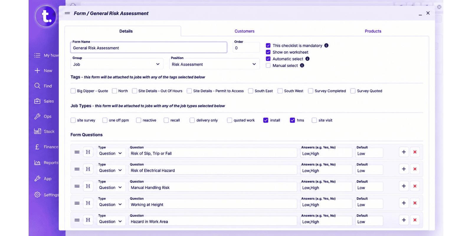 TeamPoint risk assessment form showing mandatory compliance checks linked to different job types.