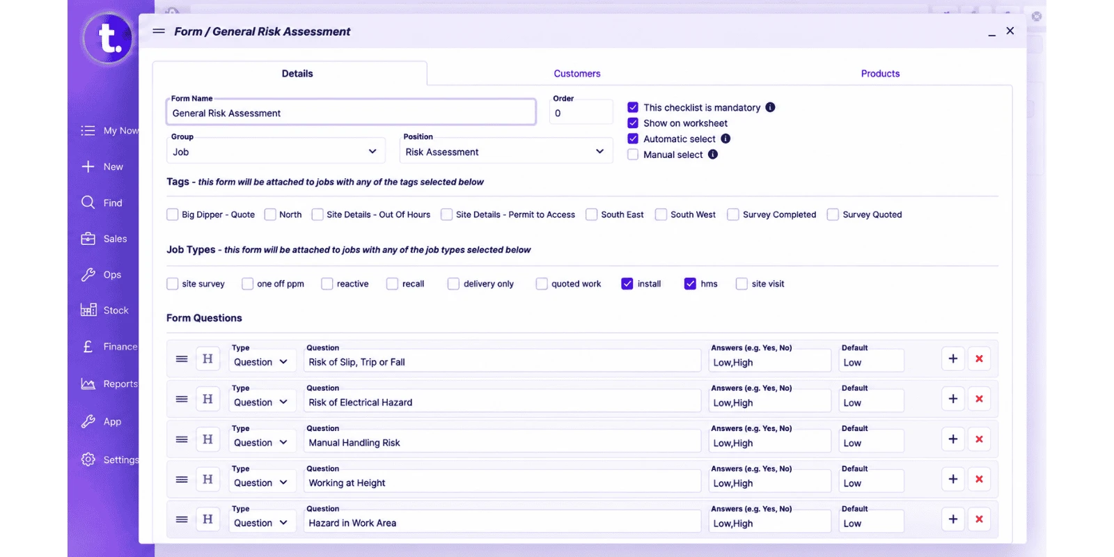 TeamPoint risk assessment form showing mandatory compliance checks linked to different job types.