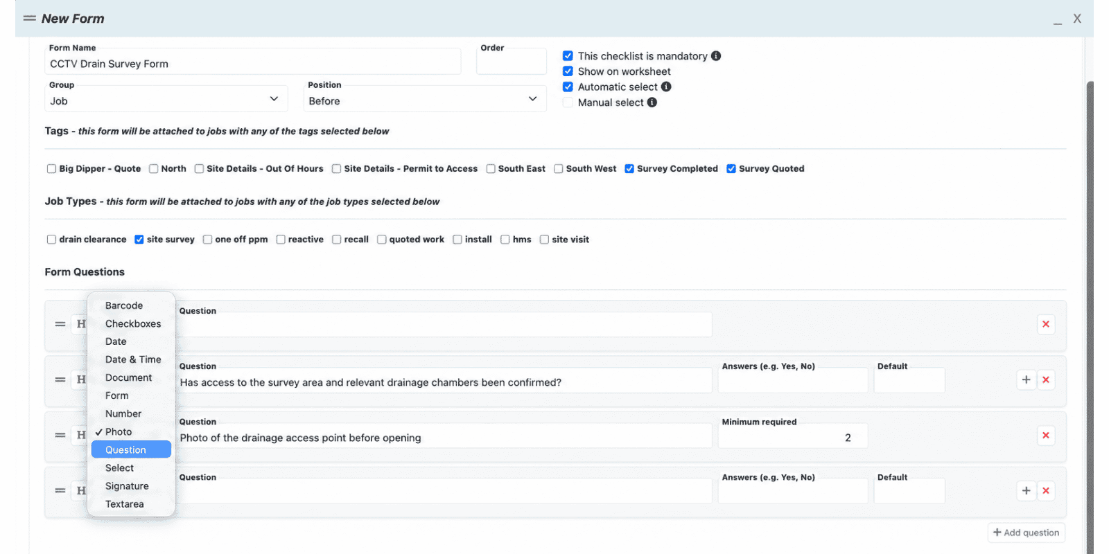 TeamPoint form builder showing configurable form name, job grouping, form position, mandatory and worksheet settings, automatic or manual selection, tags, job types, and multiple question field types including barcode, checkboxes, date, date and time, document, form, number, photo, question, select, signature and textarea.