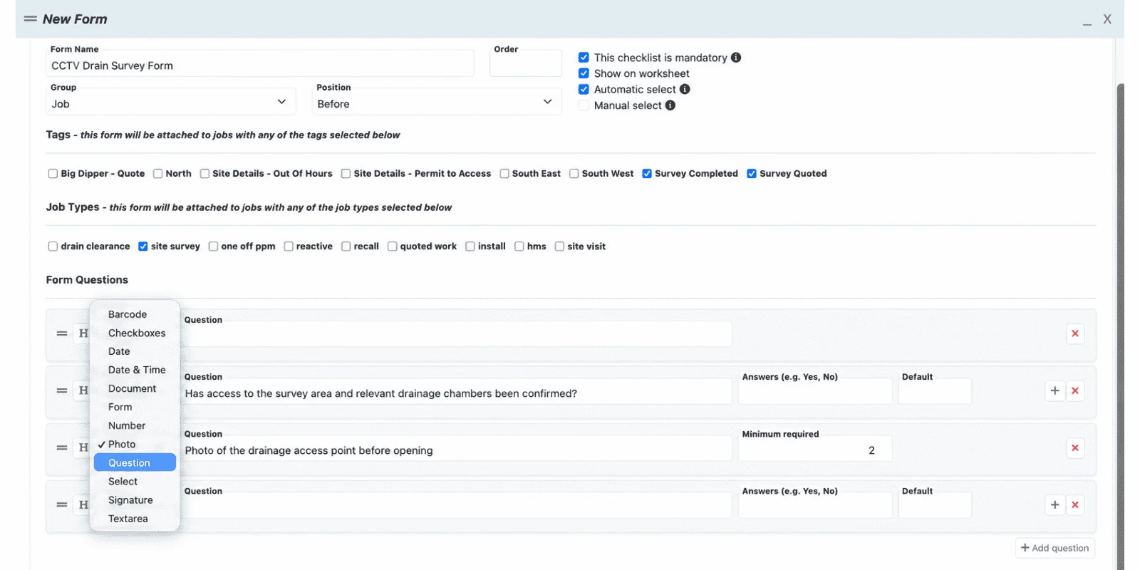 TeamPoint form builder showing configurable form name, job grouping, form position, mandatory and worksheet settings, automatic or manual selection, tags, job types, and multiple question field types including barcode, checkboxes, date, date and time, document, form, number, photo, question, select, signature and textarea.