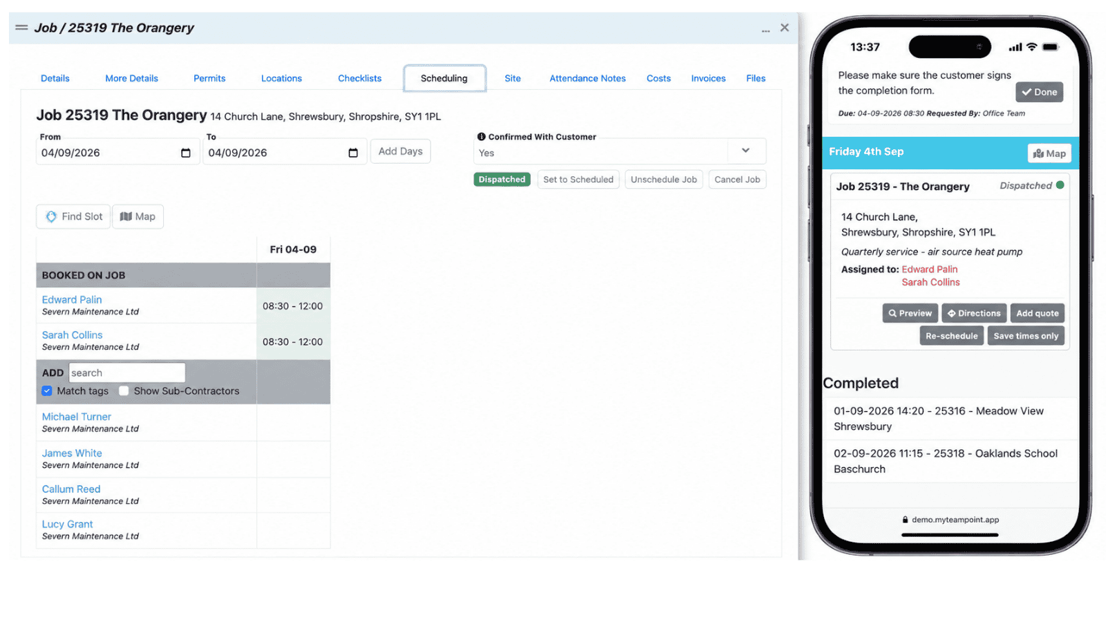 Side-by-side TeamPoint screens showing the same dispatched job in two places: the office scheduling view on the left and the matching mobile job view on the right. Side-by-side TeamPoint screens showing the same dispatched job in two places: the office scheduling view on the left and the matching mobile job view on the right.