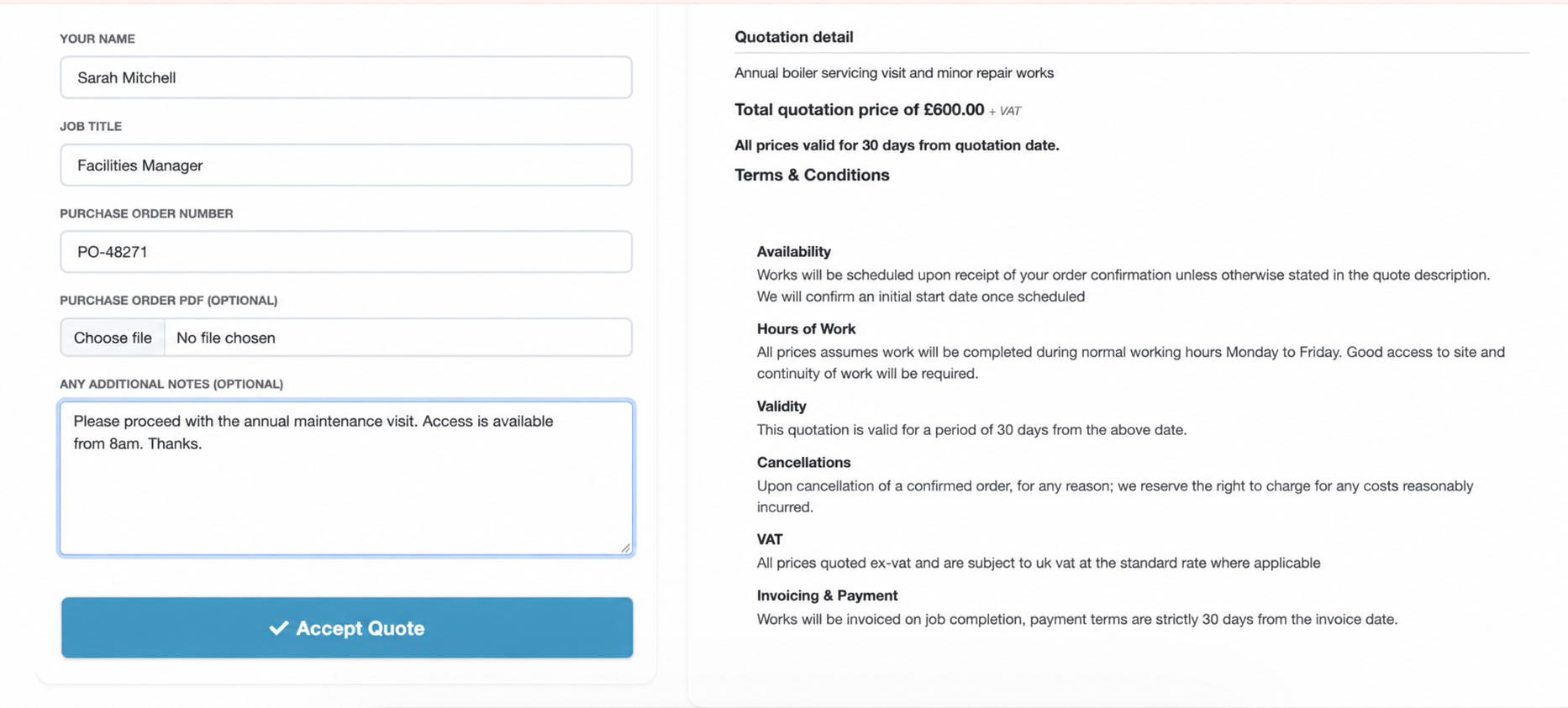 Customer accepting a quotation online in TeamPoint