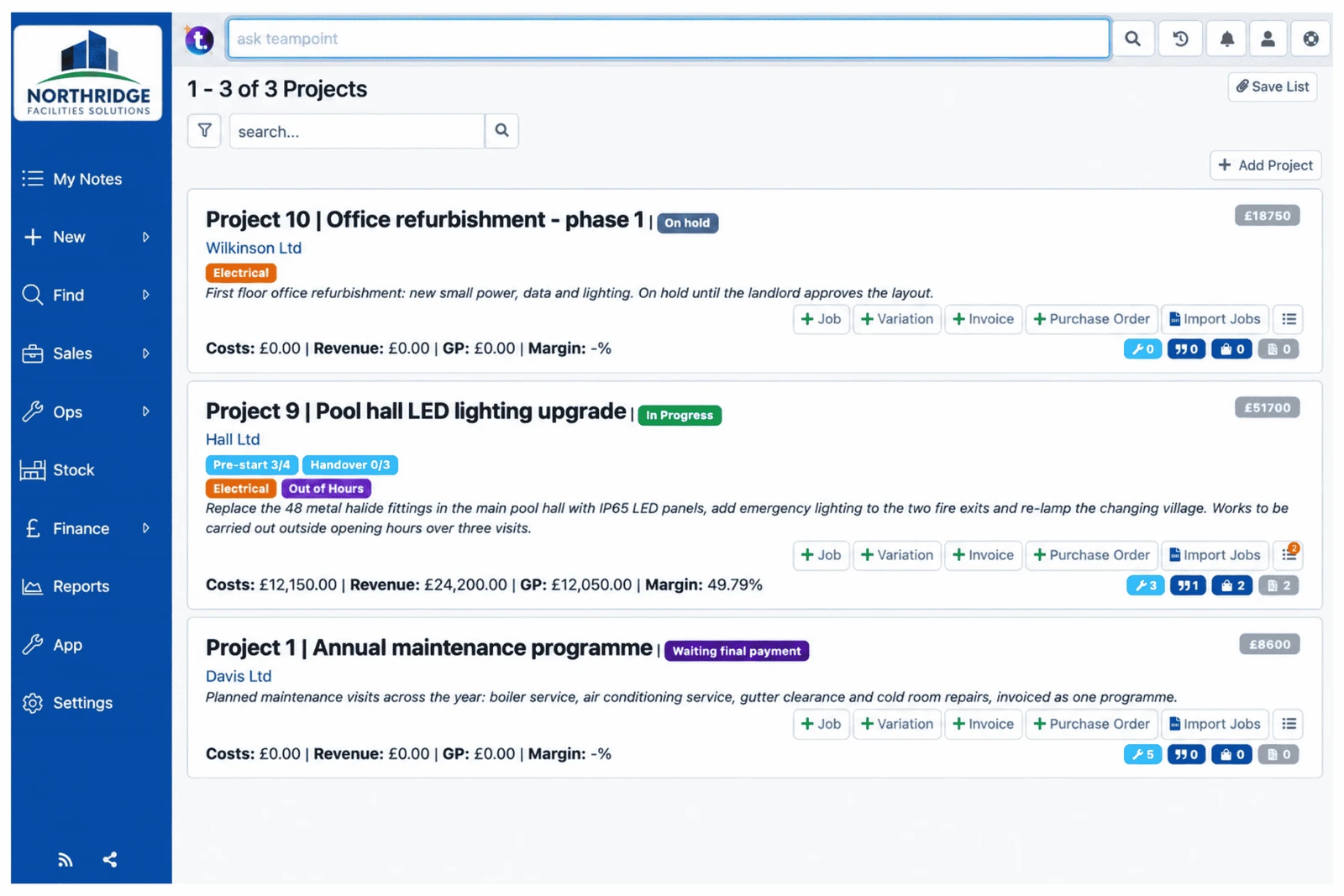 TeamPoint project list showing different stages.