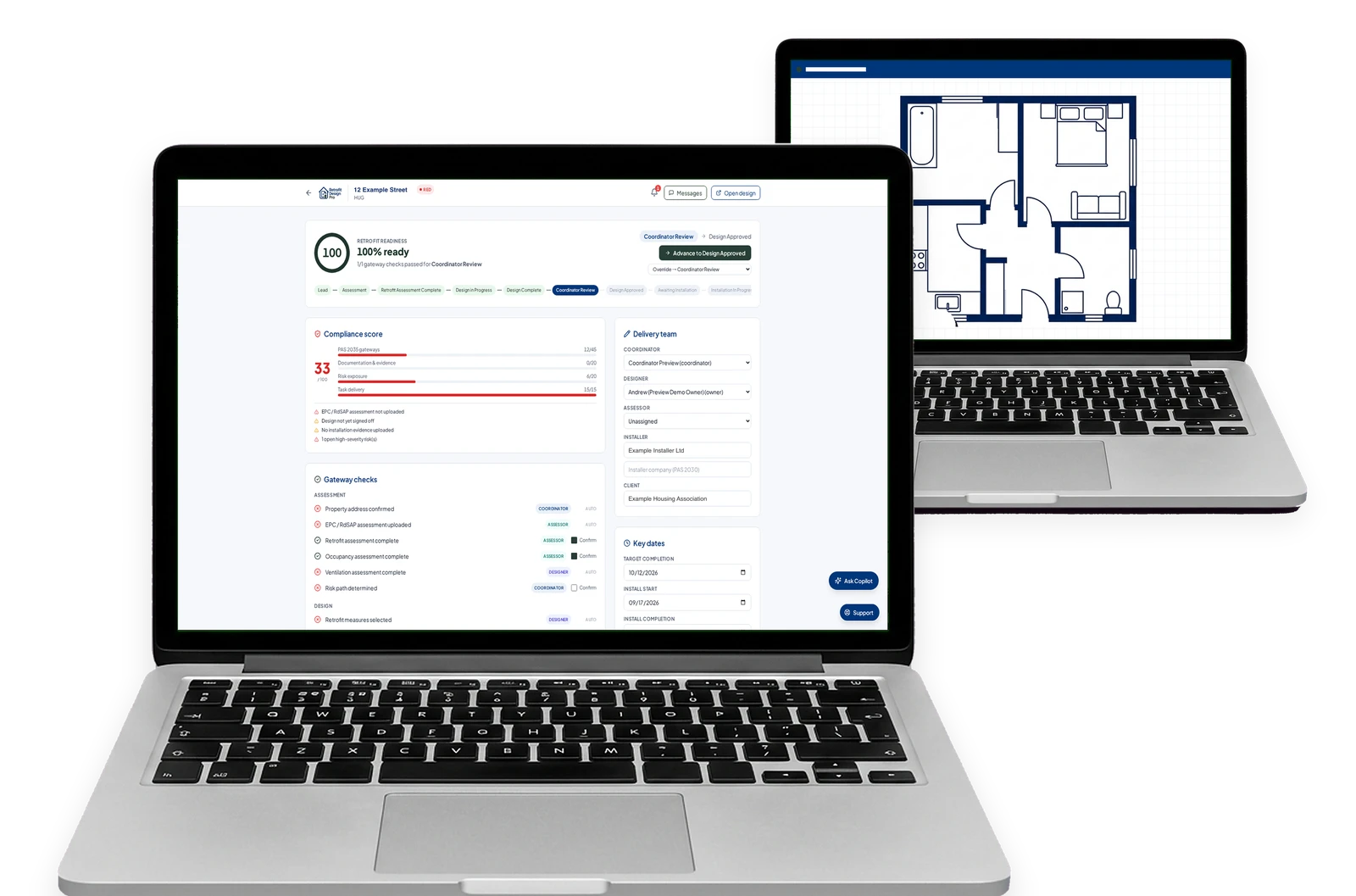 Retrofit Design Pro on two laptops, showing a property's retrofit readiness, compliance score and gateway checks, and a floor plan drawn in the software