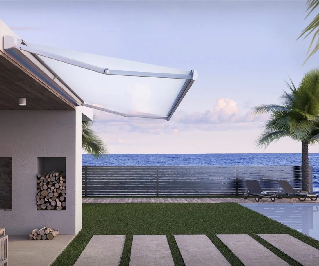 Base Lite awning installation showing clean cassette design