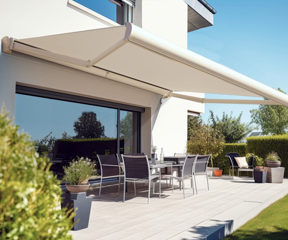 Close-up of Base Lite awning fabric and mechanism