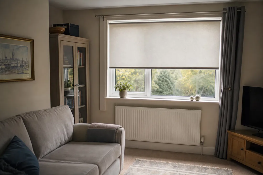 A light-coloured internal blind shading a living room window