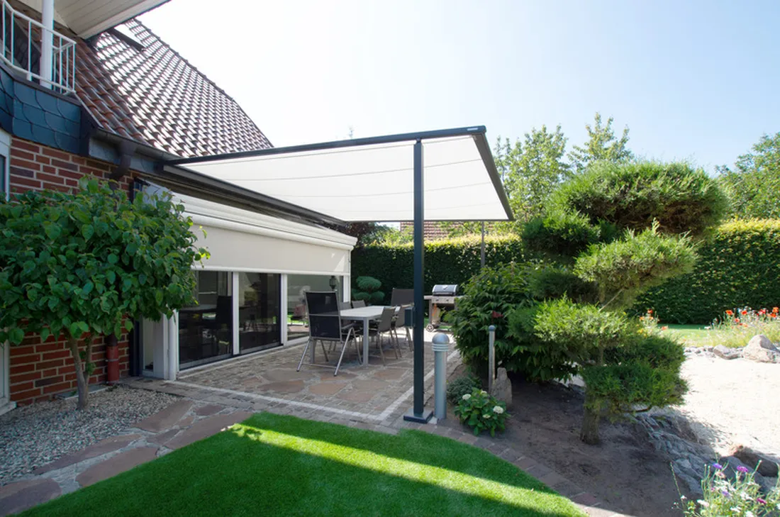 Pergola awning creating a defined outdoor living space
