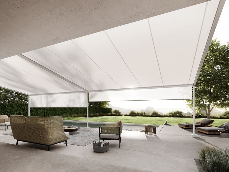 Pergola awning with integrated shading for all-weather protection