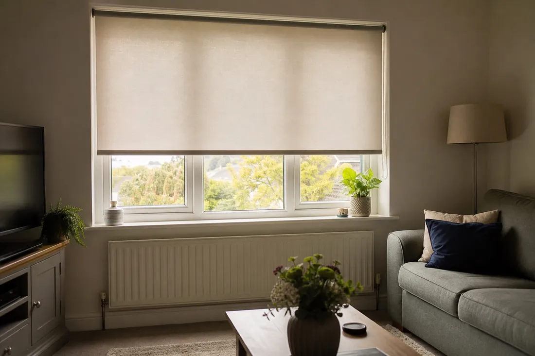 An internal roller blind lowered over a living room window