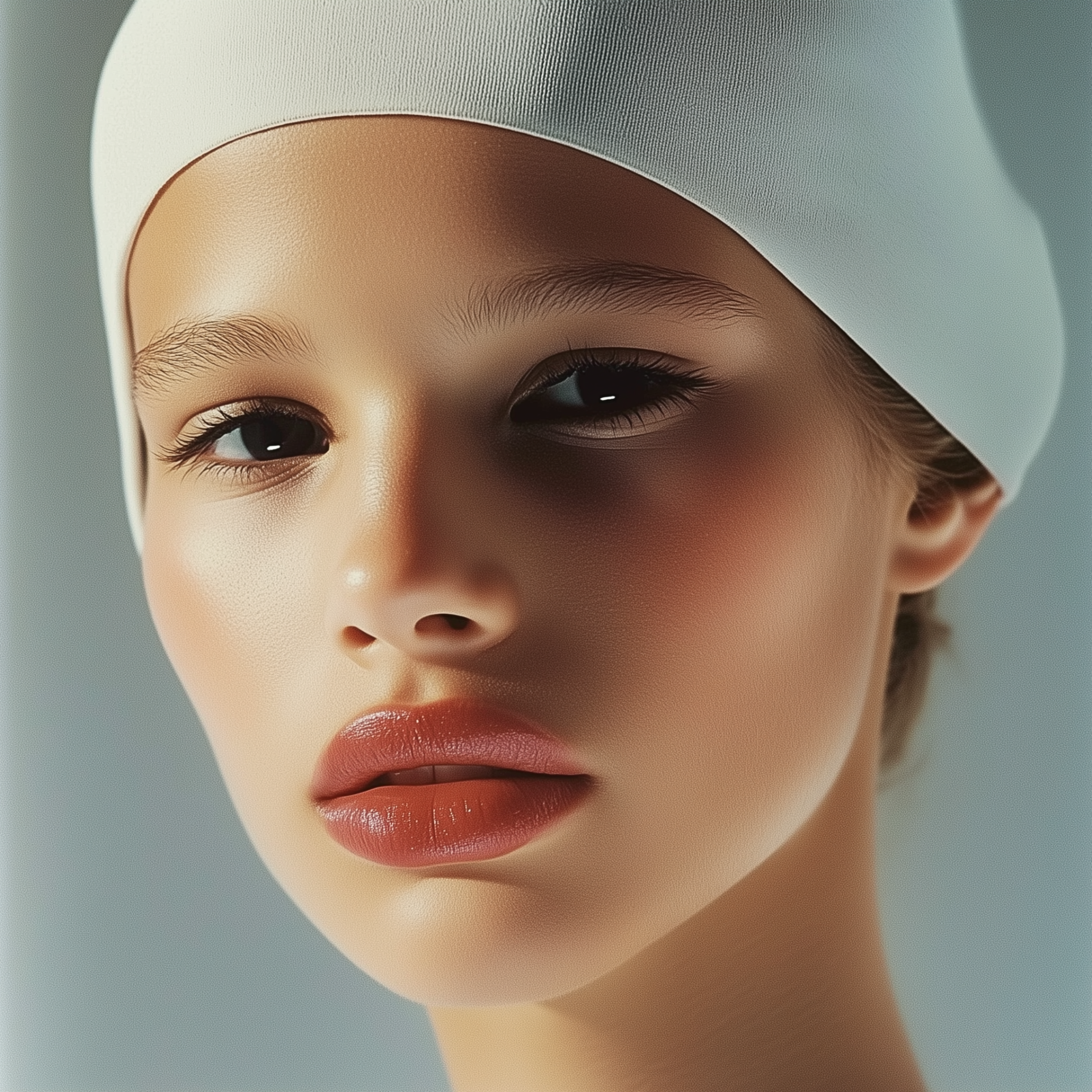 Serene beauty portrait with fresh, glowing skin and a spa head wrap