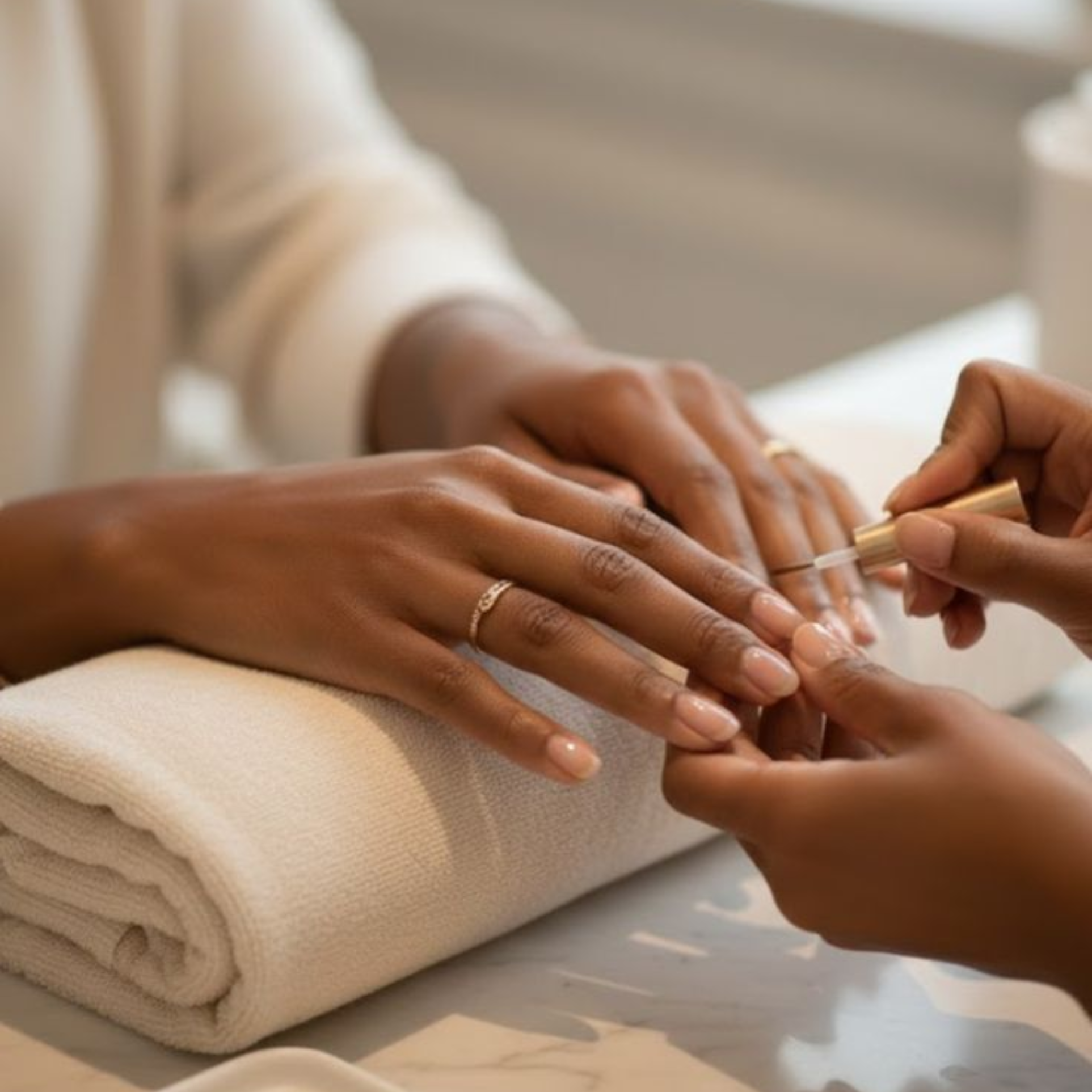 A therapist applying a nude polish to a client's nails, the hand resting on a folded towel during a manicure.