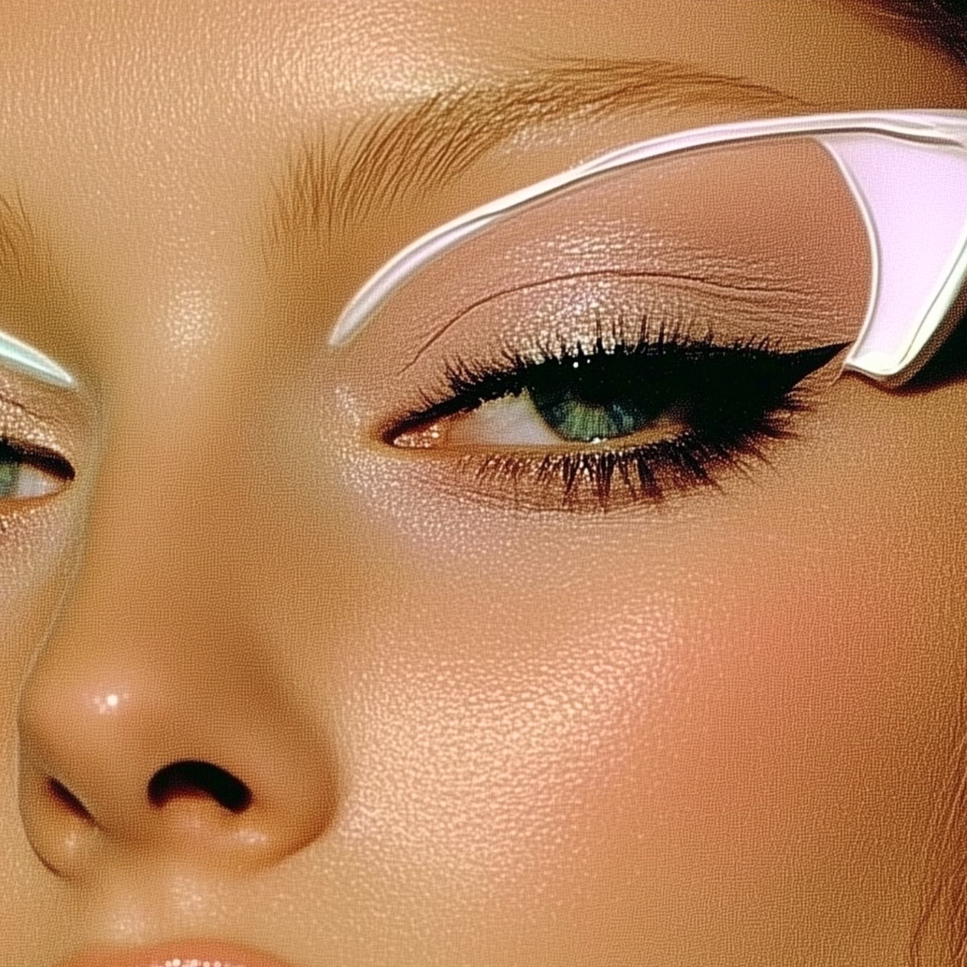 Close-up of full, defined lashes and a groomed brow after a lash and brow treatment