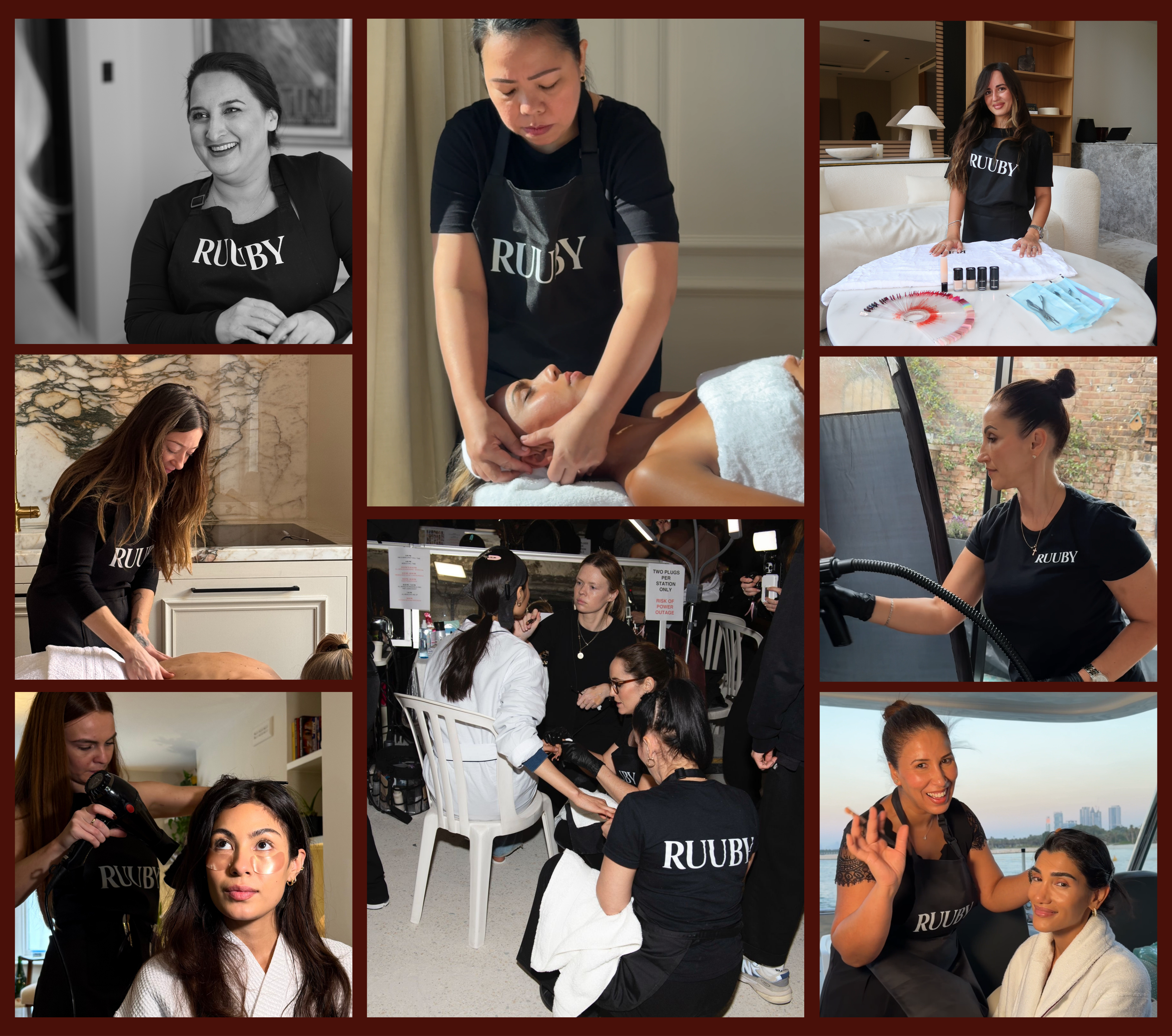 A collage of Ruuby therapists delivering at-home massage, facial, hair, makeup, lashes and spray tan treatments